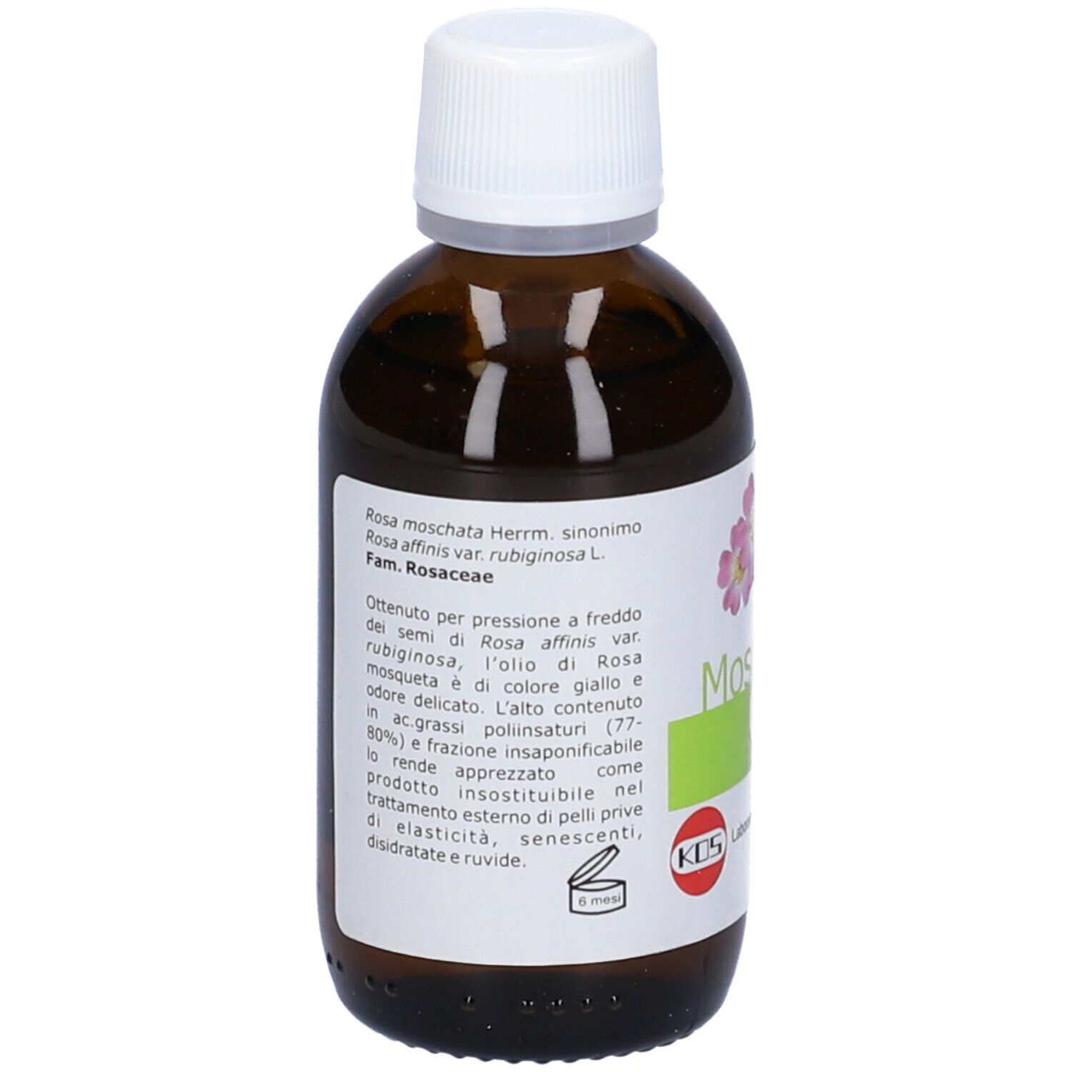 Flacone di vetro marrone con tappo bianco. Scritto: Rosa Mosqueta Olio. KOS Laboratorio di erboristeria. Testo sul retro.