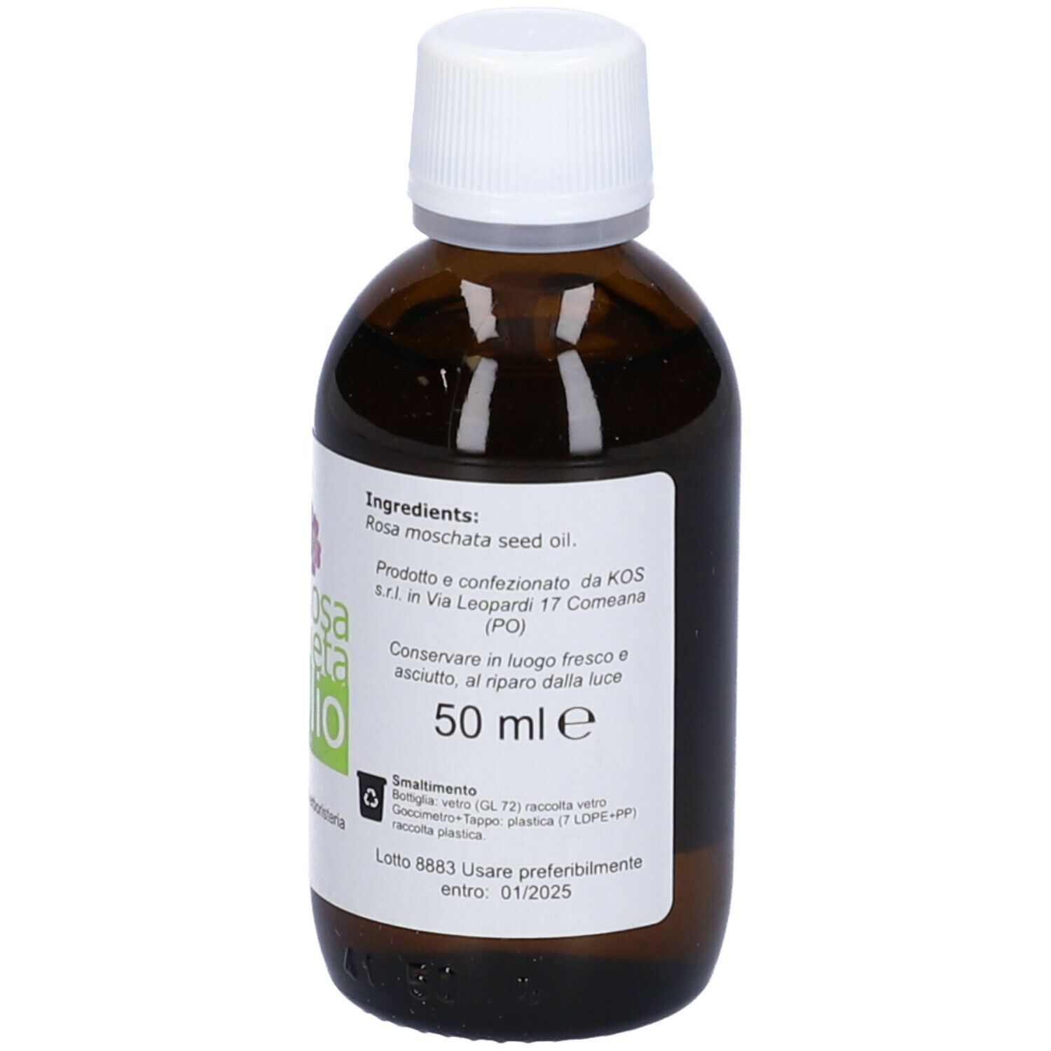 Flacone di vetro marrone con tappo bianco. Scritto: Rosa Mosqueta Olio. KOS Laboratorio di erboristeria. 50 ml e.