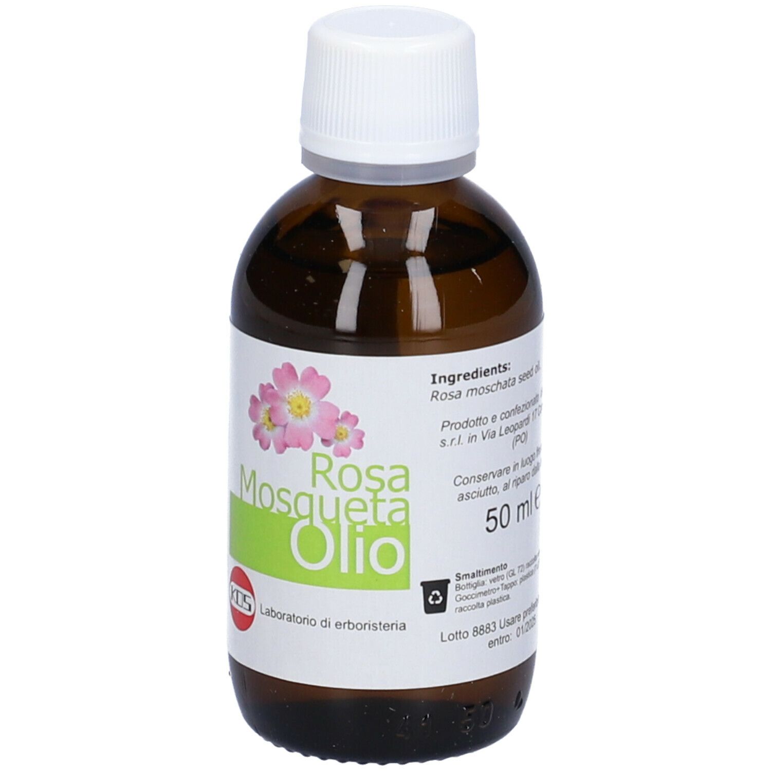 Flacone di vetro marrone con tappo bianco. Scritto: Rosa Mosqueta Olio. KOS Laboratorio di erboristeria. 50 ml e.