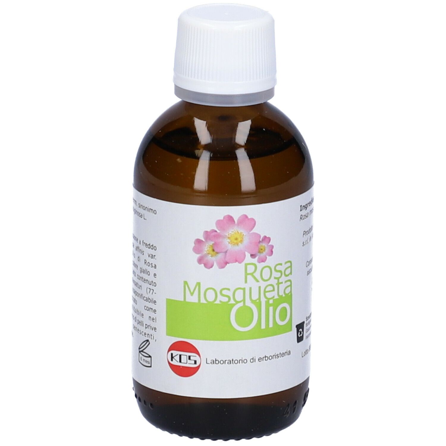 Flacone di vetro marrone con tappo bianco. Scritto: Rosa Mosqueta Olio. KOS Laboratorio di erboristeria. 50 ml e.
