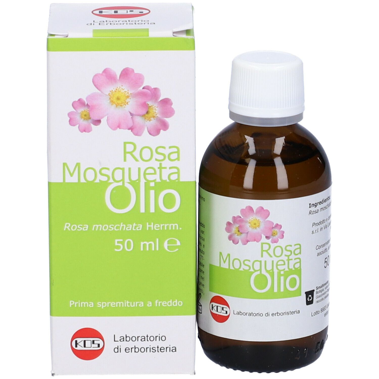 Flacone e scatola KOS Rosa Mosqueta Olio. Scritto: Rosa Mosqueta Olio, 50 ml e. Laboratorio di erboristeria.