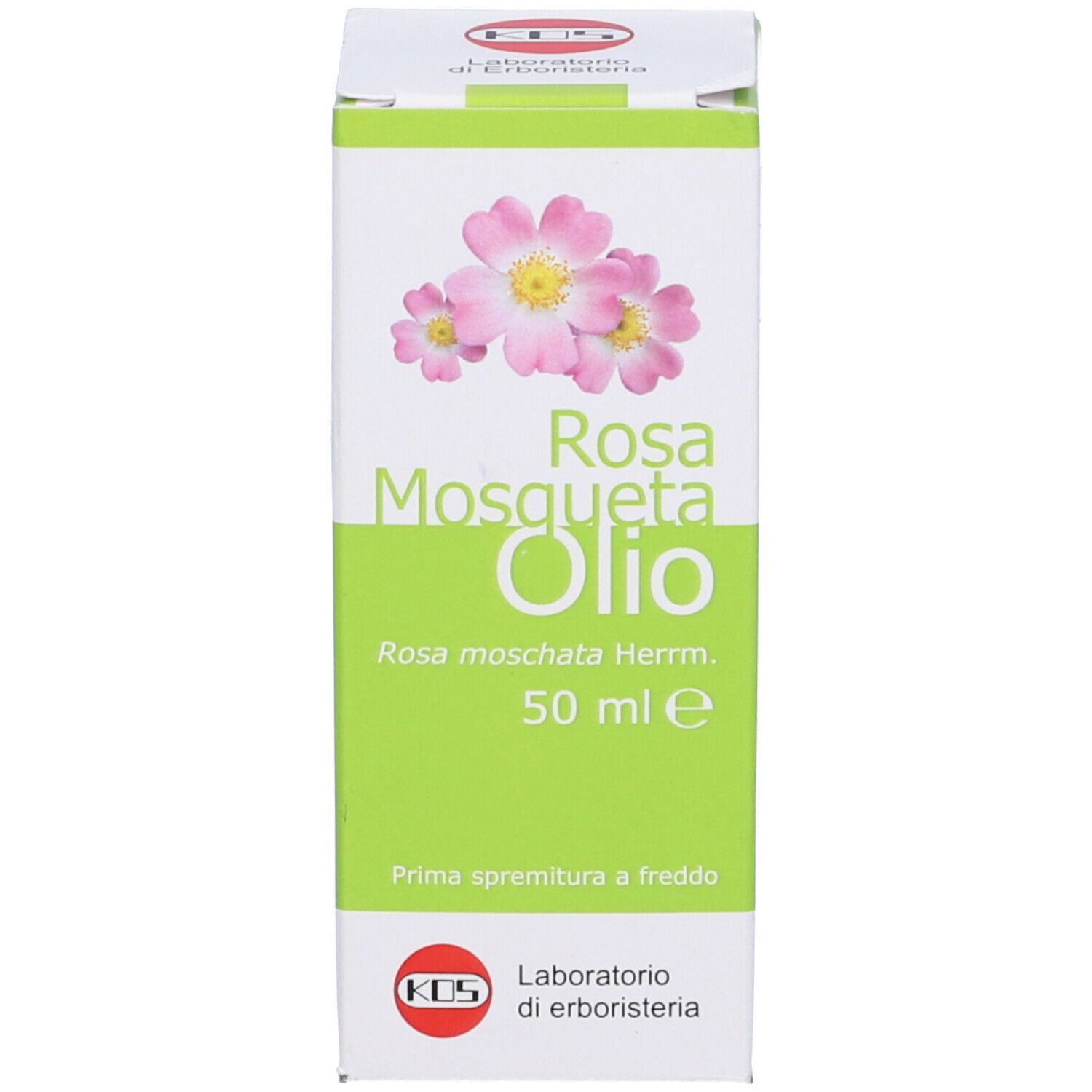 Scatola KOS Rosa Mosqueta Olio. Scritto: Rosa Mosqueta Olio, 50 ml e. Laboratorio di erboristeria.