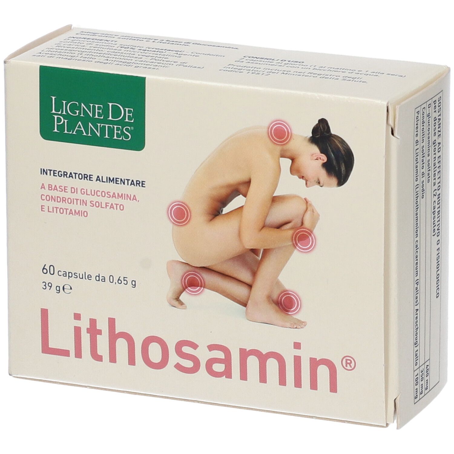 Scatola di capsule Lithosamin. Sulla confezione è raffigurata una donna che si tiene le ginocchia. Testo: Lithosamin, Ligne de Plantes.