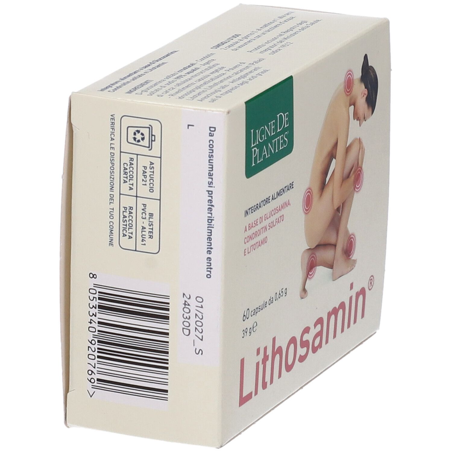 Scatola di capsule Lithosamin, vista laterale. Testo: Lithosamin, Ligne de Plantes, 60 capsule, ingredienti, data di scadenza.