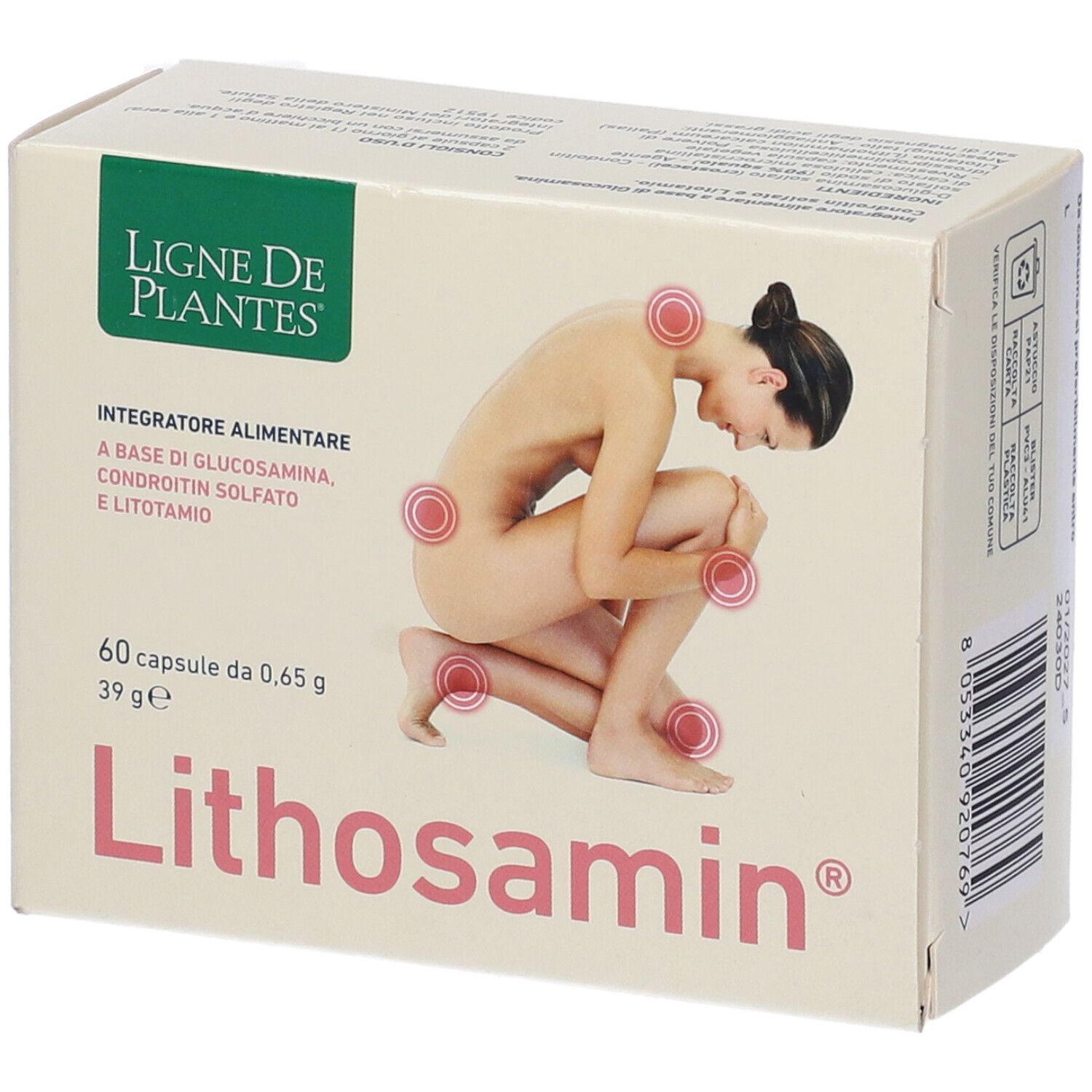 Scatola di capsule Lithosamin. Sulla confezione è raffigurata una donna che si tiene le ginocchia. Testo: Lithosamin, Ligne de Plantes.