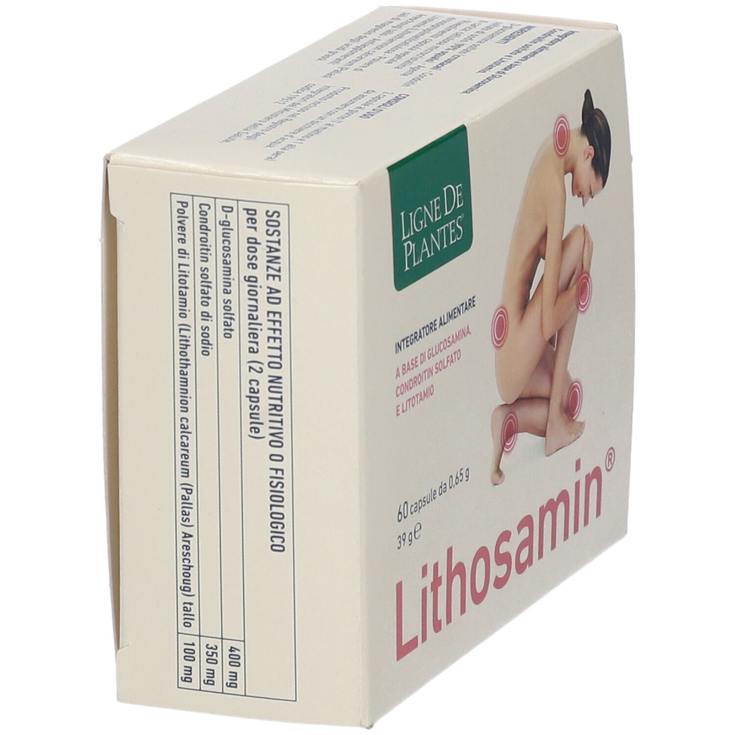 Scatola di capsule Lithosamin, vista laterale. Testo: Lithosamin, Ligne de Plantes, 60 capsule, ingredienti.