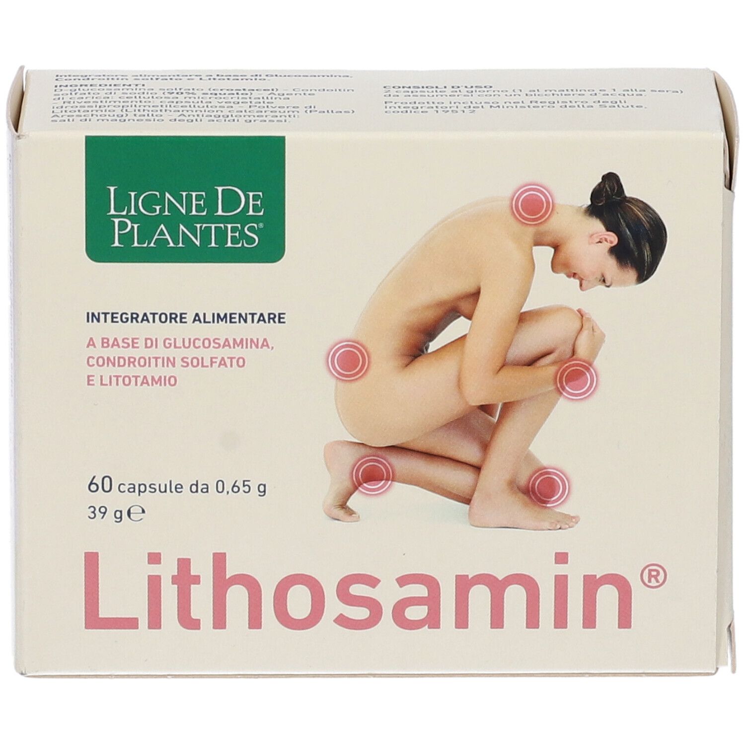 Scatola di capsule Lithosamin. Sulla confezione è raffigurata una donna che si tiene le ginocchia. Testo: Lithosamin, Ligne de Plantes.