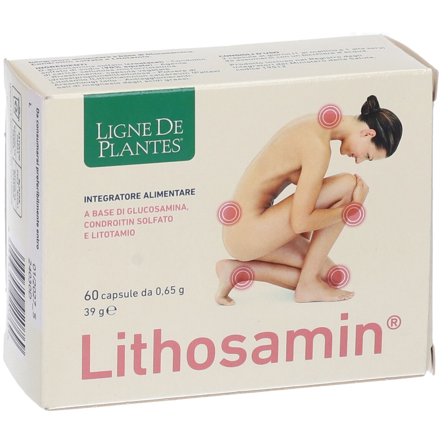 Scatola di capsule Lithosamin. Sulla confezione è raffigurata una donna che si tiene le ginocchia. Testo: Lithosamin, Ligne de Plantes.