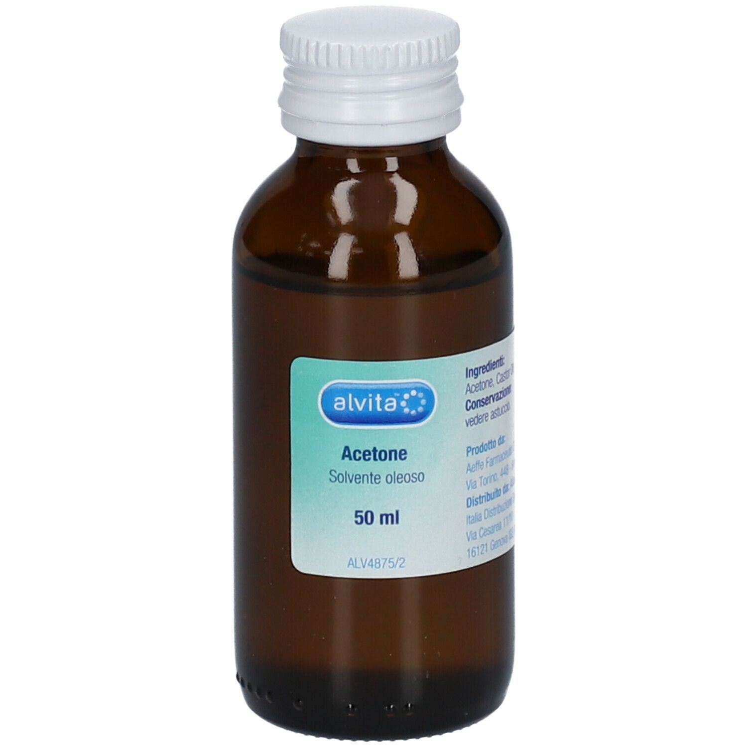 Braune Glasflasche mit weißem Schraubverschluss. Etikett mit Produktnamen und 50 ml. Alvita Aceton.