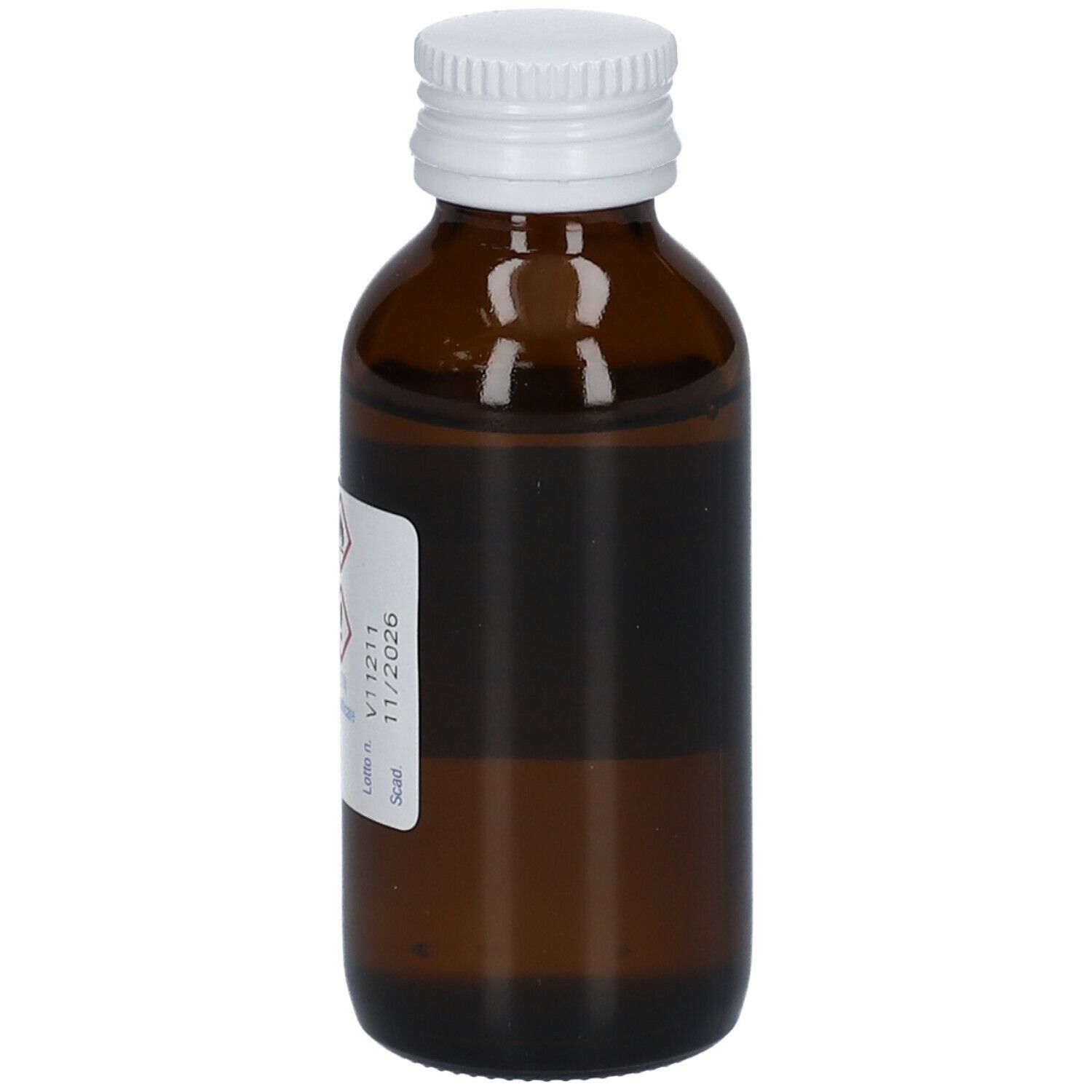 Braune Glasflasche mit weißem Schraubverschluss. Etikett mit Produktnamen und 50 ml. Alvita Aceton.
