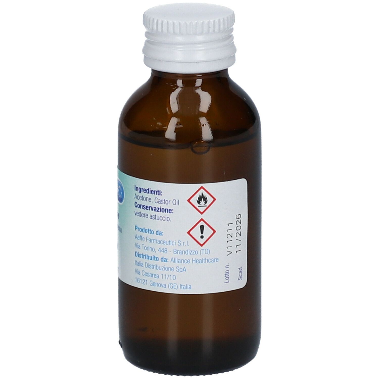 Braune Glasflasche mit weißem Schraubverschluss. Etikett mit Produktnamen und 50 ml. Alvita Aceton.