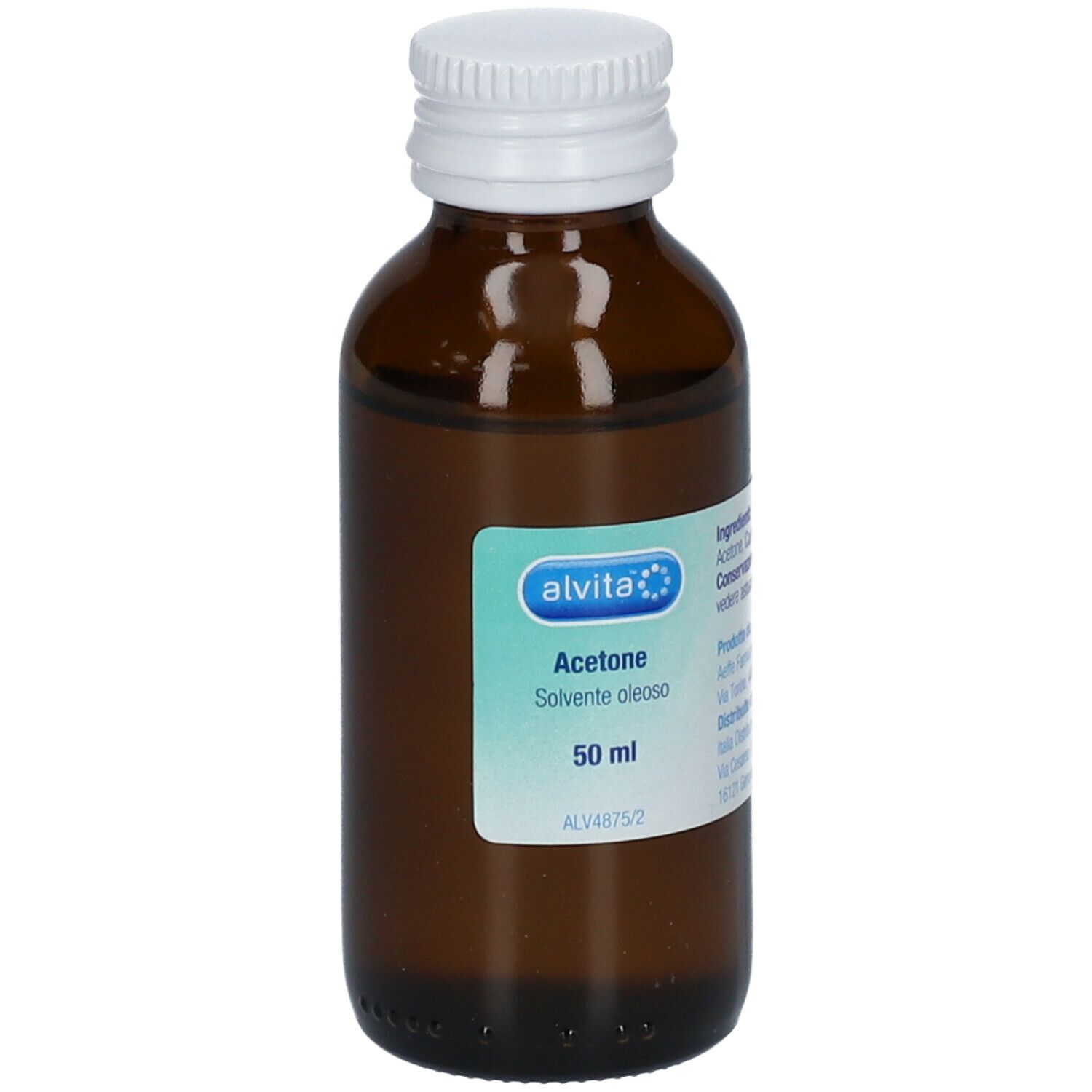 Braune Glasflasche mit weißem Schraubverschluss. Etikett mit Produktnamen und 50 ml. Alvita Aceton.