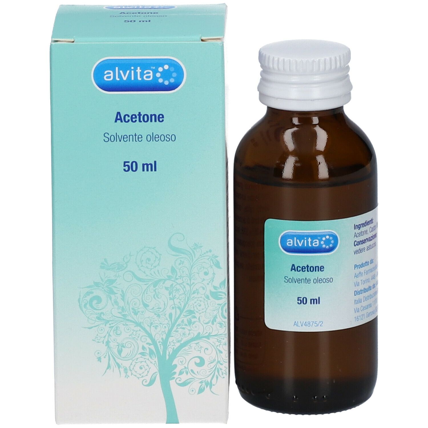 Alvita Aceton-Flasche und -Verpackung. Braune Flasche mit weißem Verschluss neben hellgrüner Schachtel.