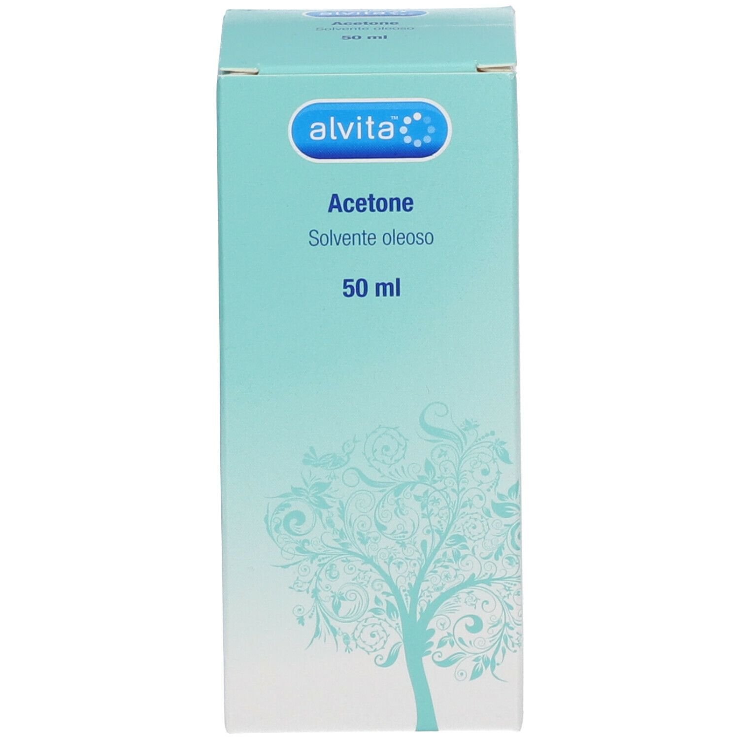 Alvita Aceton-Verpackung. Hellgrüne Schachtel mit Produktnamen und floralem Muster. Enthält 50 ml.