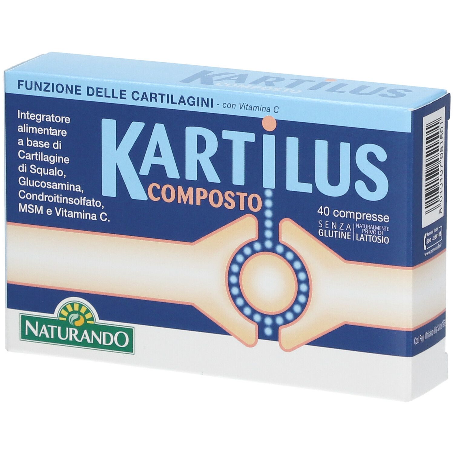 Scatola blu e bianca con nome del prodotto e ingredienti. Logo Naturando in basso a sinistra. 40 compresse.