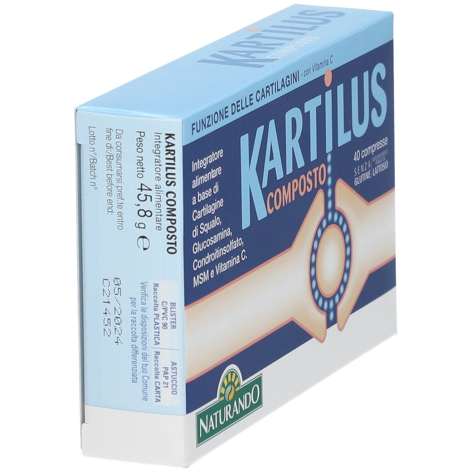 Scatola con informazioni sul prodotto. Colori blu e bianco. Logo Naturando. 45,8 g. 40 compresse. Senza glutine e lattosio.