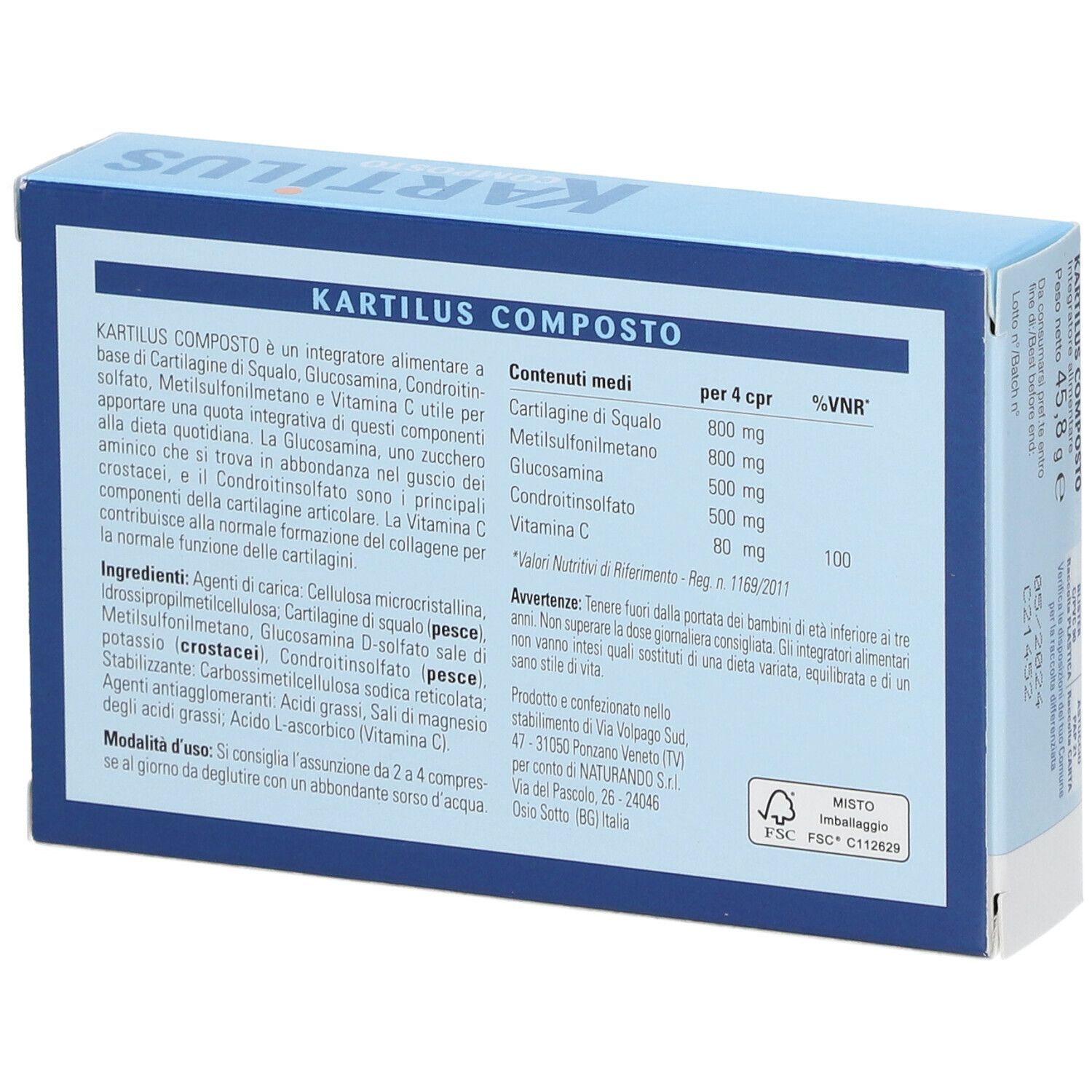 Retro della scatola con informazioni e ingredienti del prodotto. Certificazione FSC. Testo in italiano.