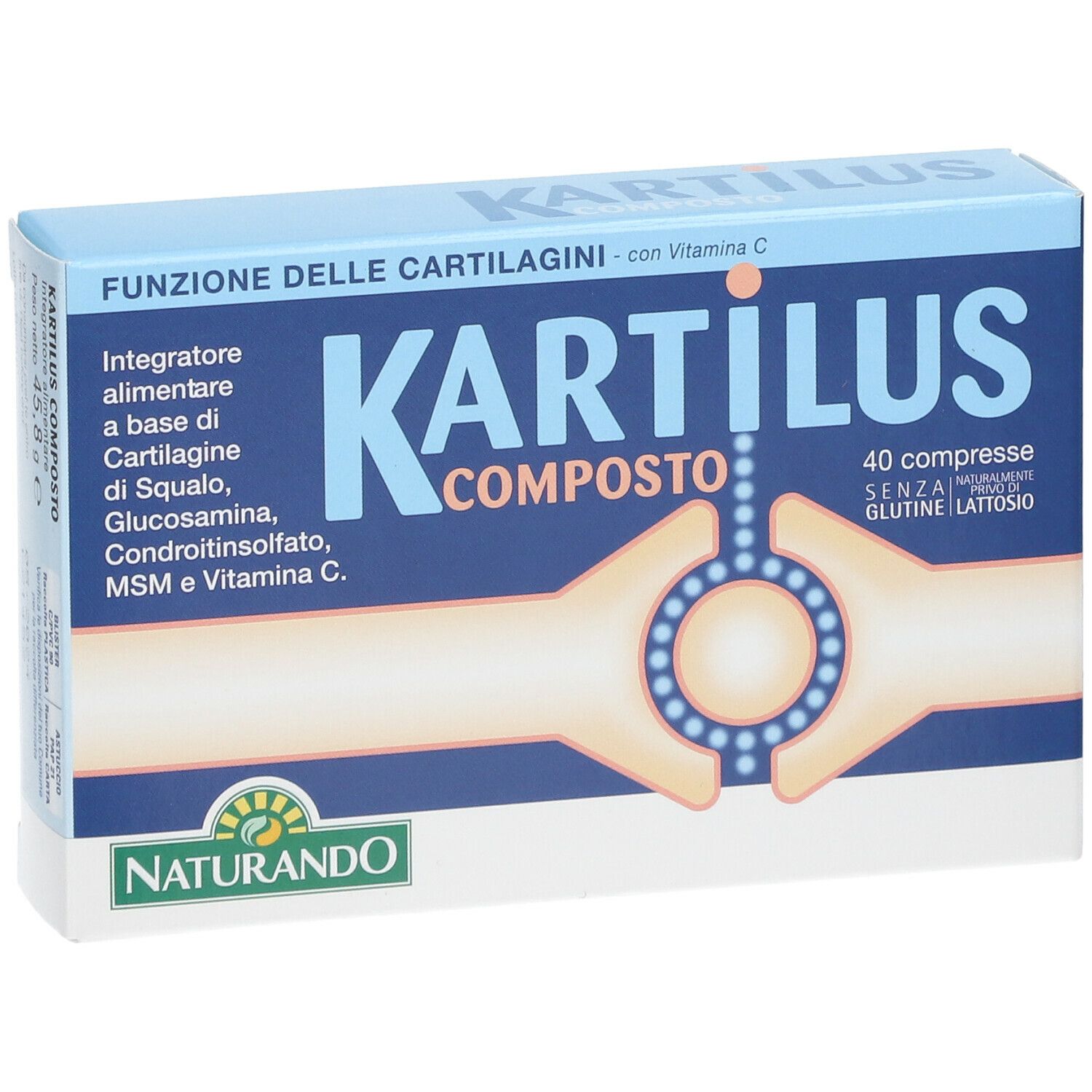 Scatola blu e bianca con nome del prodotto e ingredienti. Logo Naturando in basso a sinistra. 40 compresse.