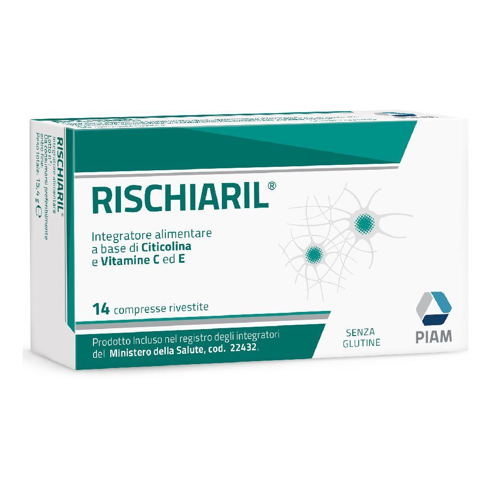 Confezione di RISCHIARIL® con 14 compresse. Bianca e turchese, con nome del prodotto e dettagli.