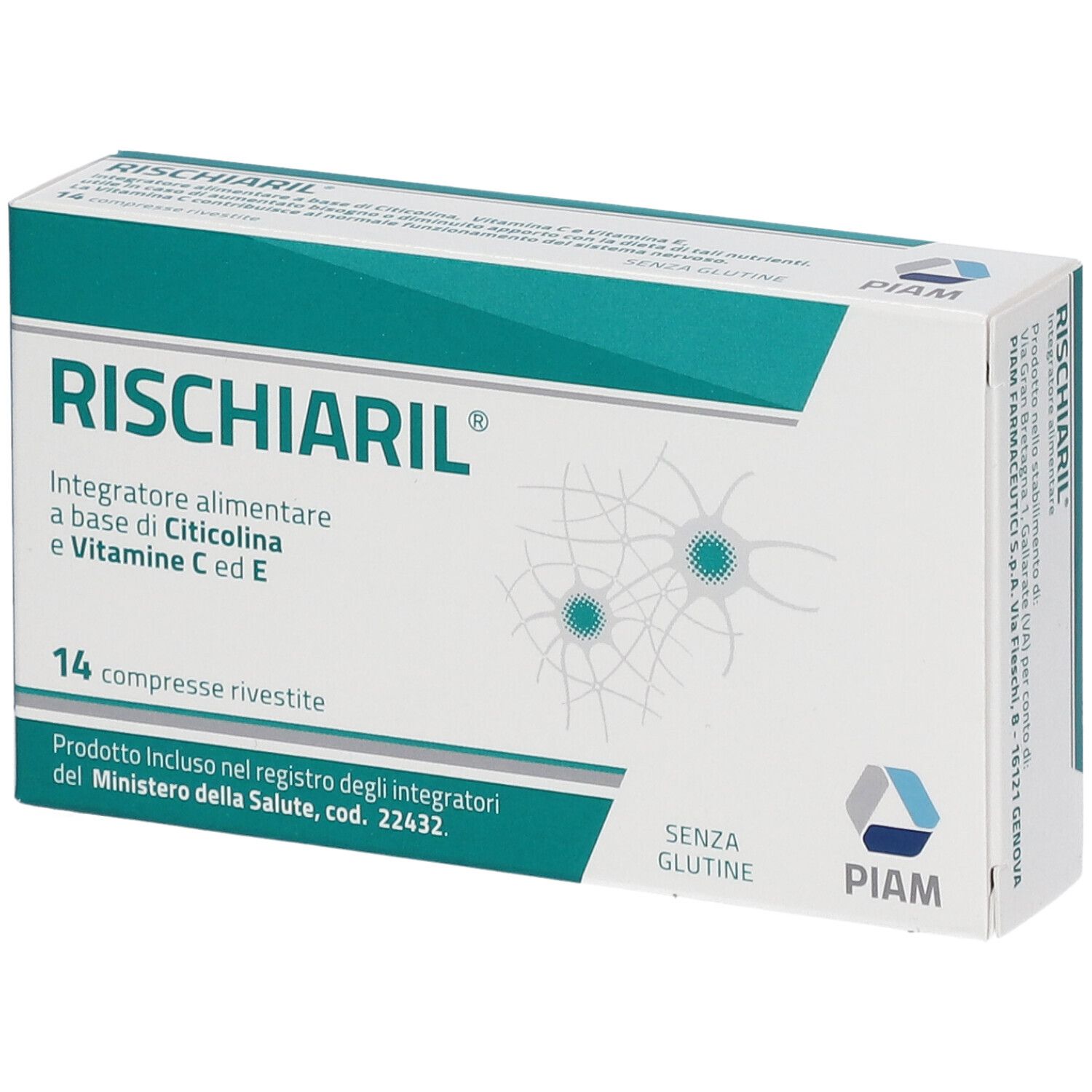Confezione di RISCHIARIL® con 14 compresse. Bianca e turchese, con nome del prodotto e dettagli.