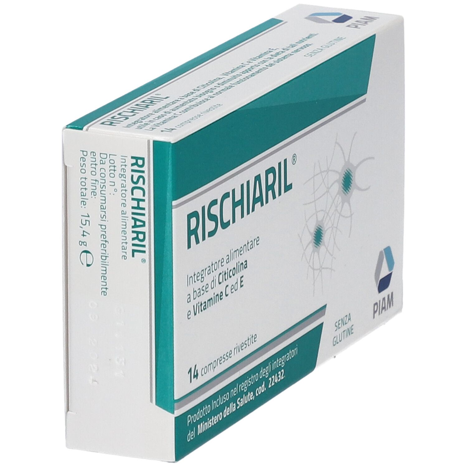 Confezione di RISCHIARIL® con 14 compresse. Bianca e turchese, con nome del prodotto e dettagli.