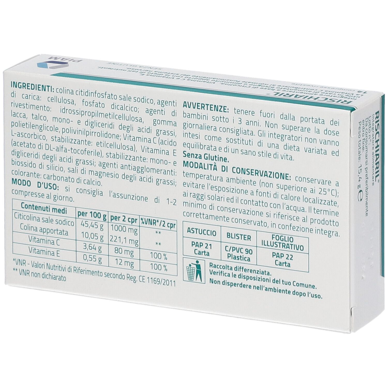 Retro della confezione RISCHIARIL®. Contiene ingredienti, istruzioni e informazioni nutrizionali.