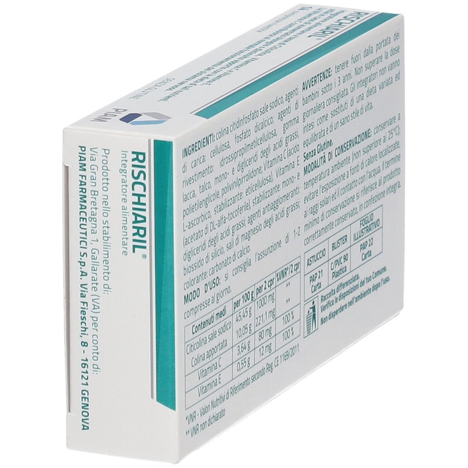Retro della confezione RISCHIARIL®. Contiene ingredienti, istruzioni e informazioni nutrizionali.