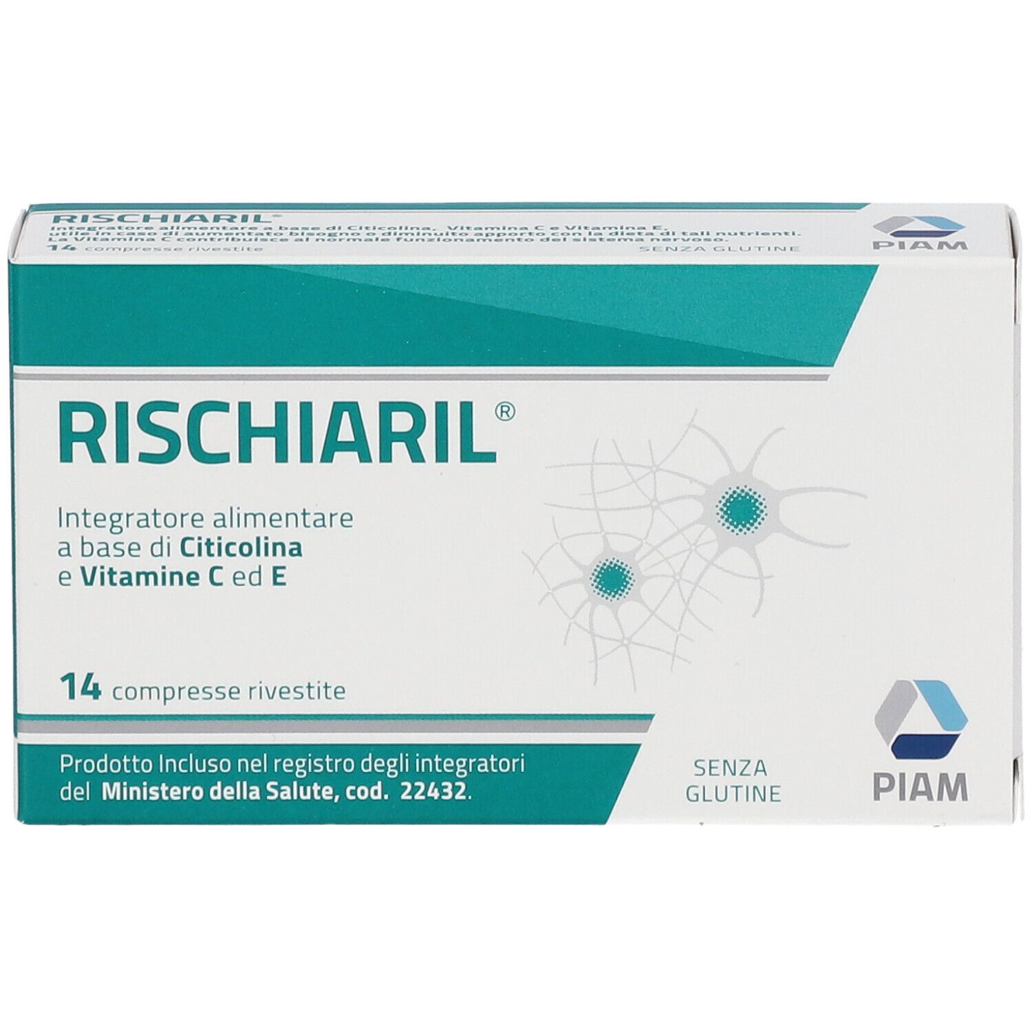 Confezione di RISCHIARIL® con 14 compresse. Bianca e turchese, con nome del prodotto e dettagli.