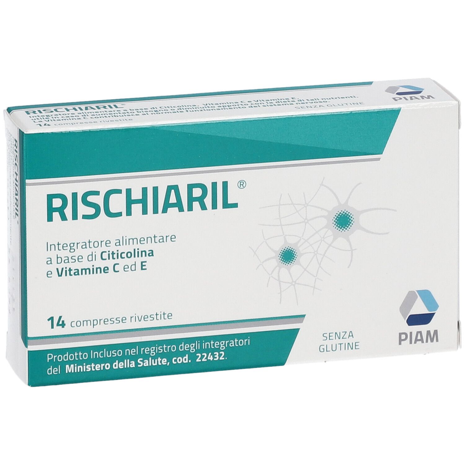 Confezione di RISCHIARIL® con 14 compresse. Bianca e turchese, con nome del prodotto e dettagli.