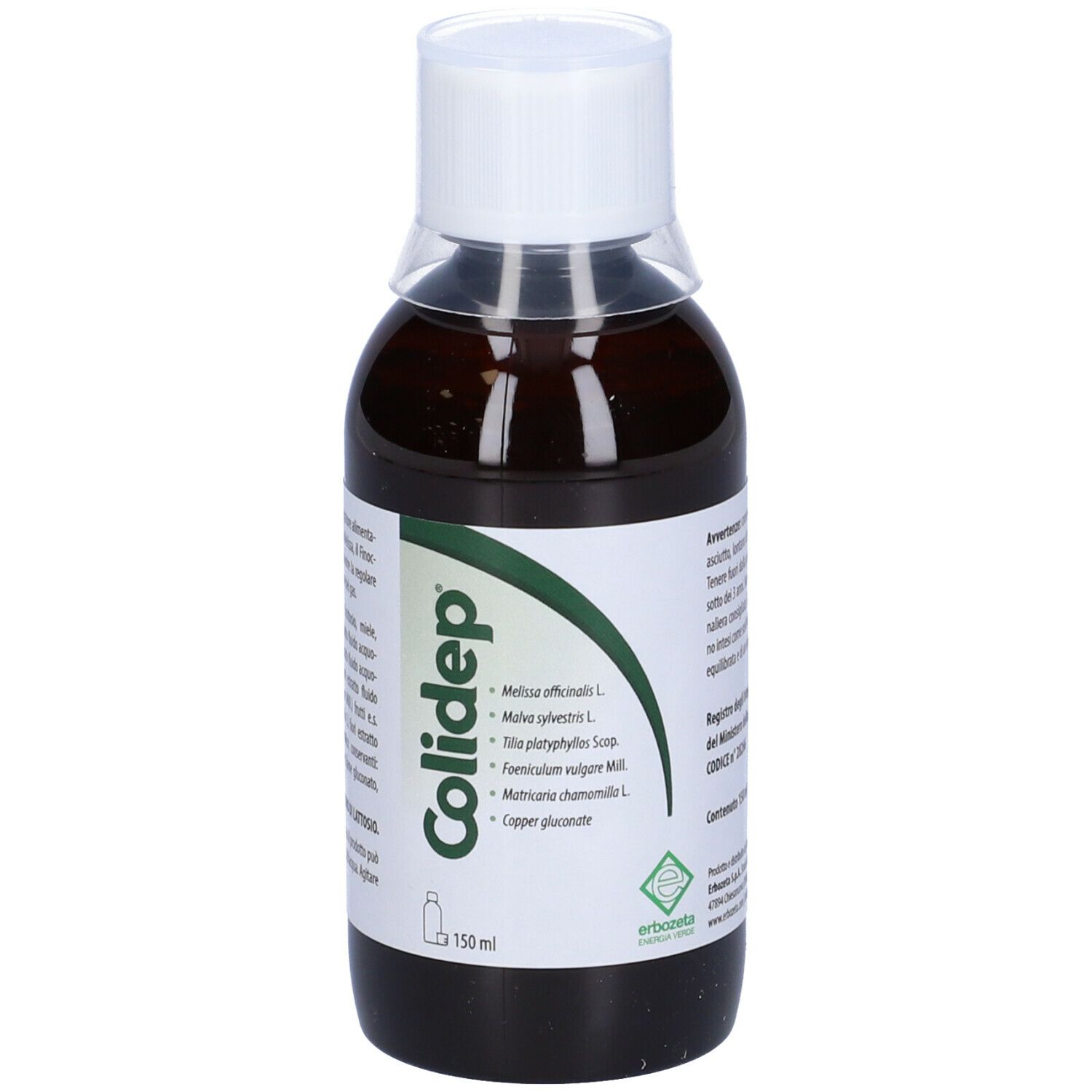 Flacone marrone con tappo bianco ed etichetta. Scritta Colidep. 150 ml.