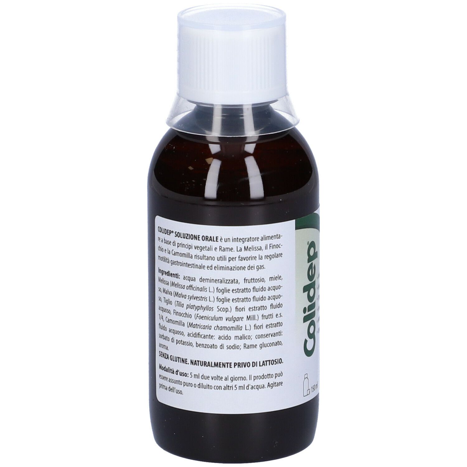 Flacone marrone con tappo bianco ed etichetta. Scritta Colidep. 150 ml.