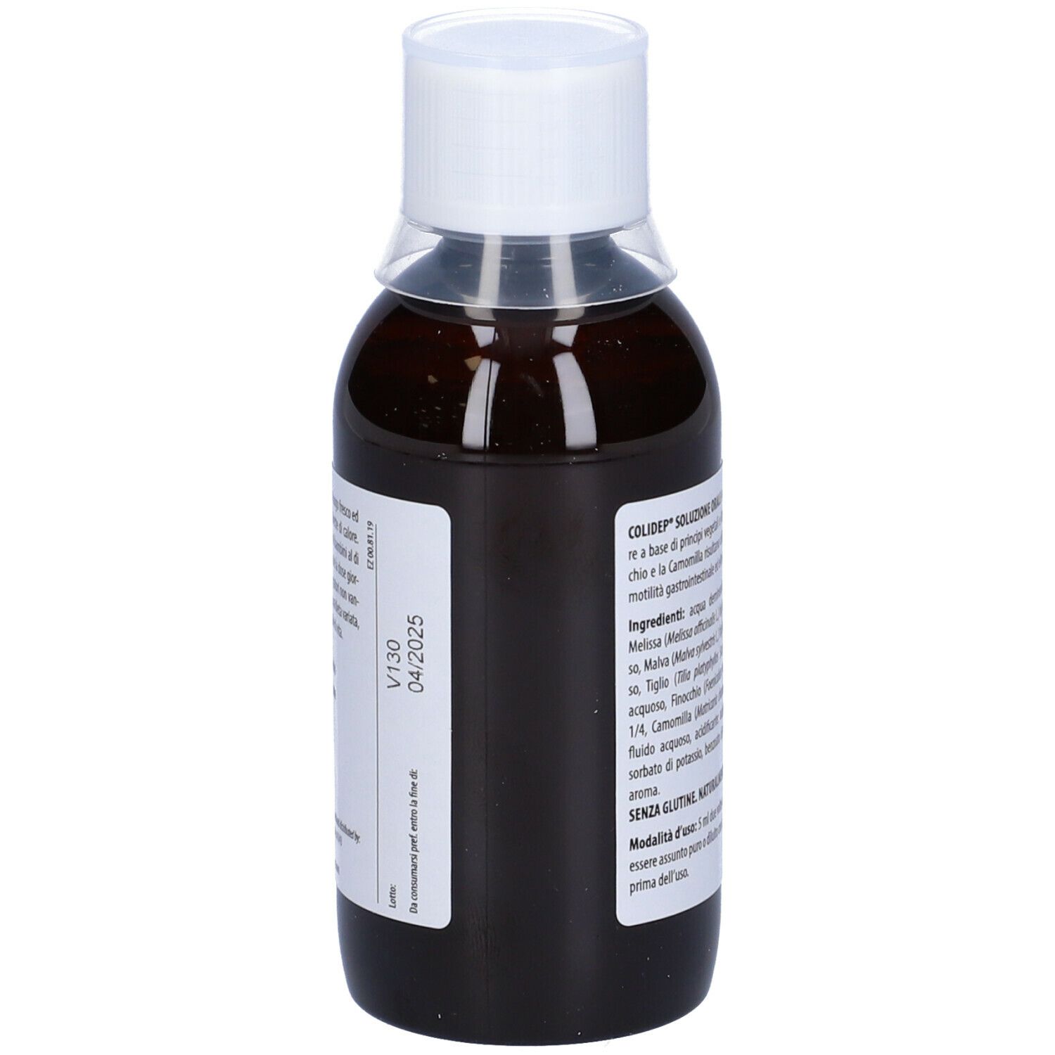 Flacone marrone con tappo bianco ed etichetta. Scritta Colidep. 150 ml.
