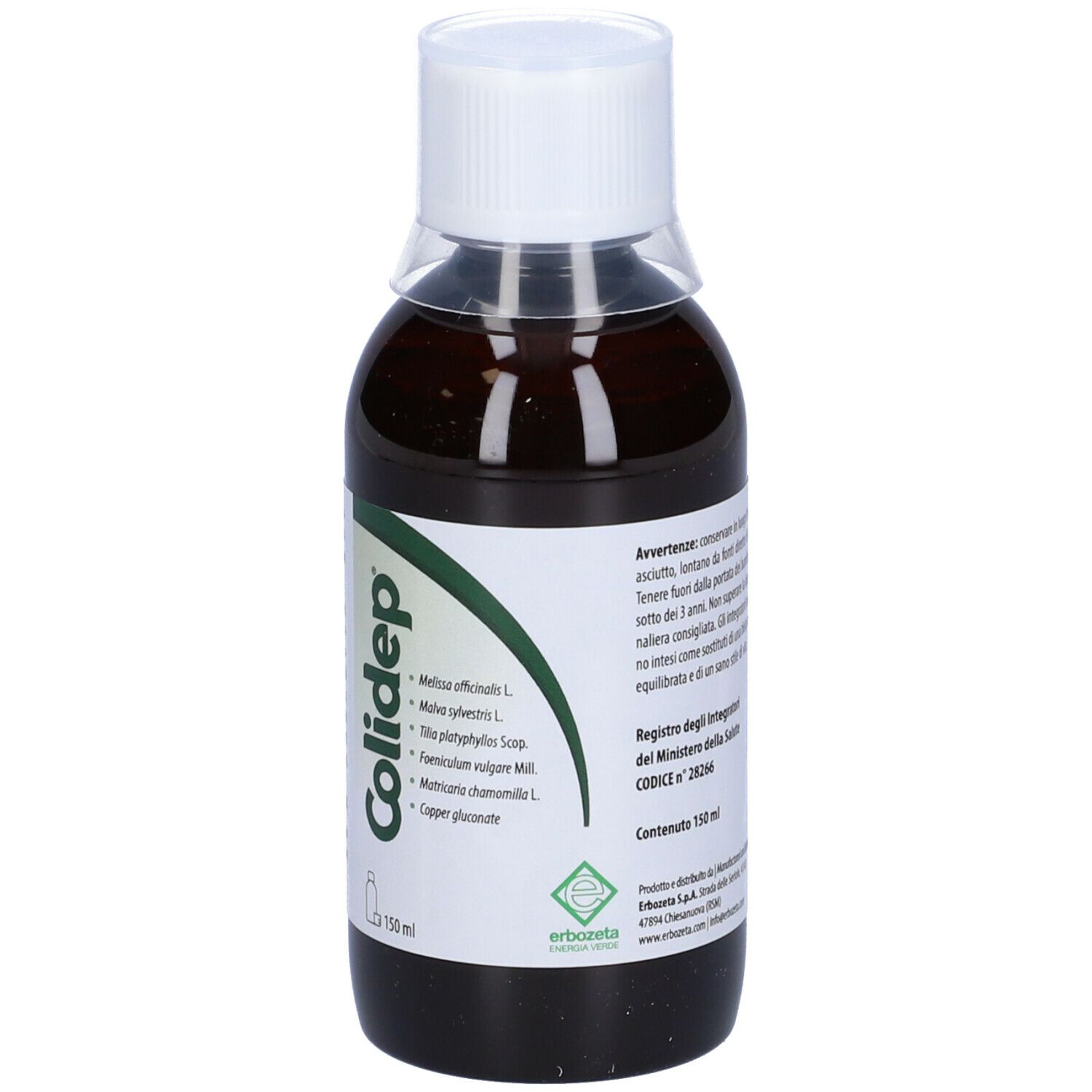 Flacone marrone con tappo bianco ed etichetta. Scritta Colidep. 150 ml.