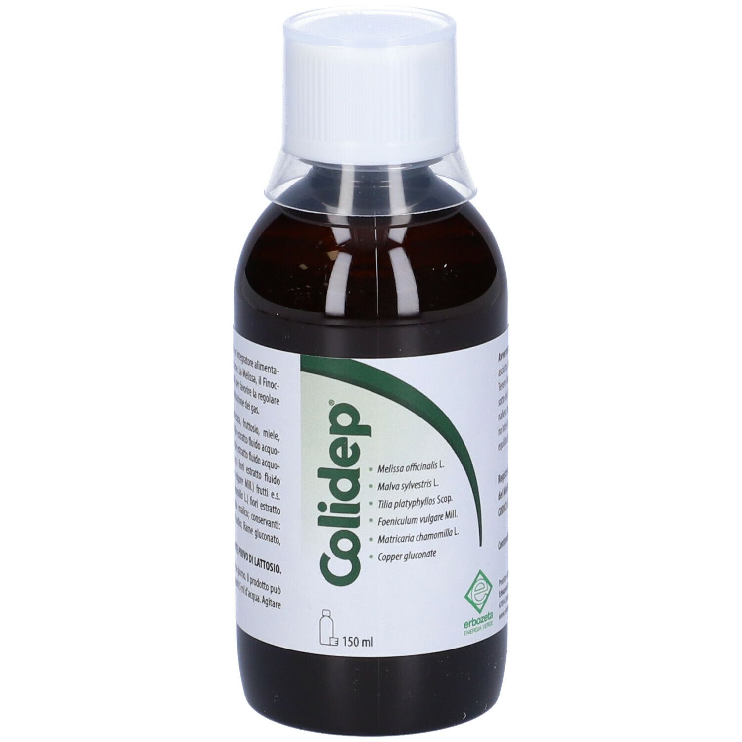 Flacone marrone con tappo bianco ed etichetta. Scritta Colidep. 150 ml.