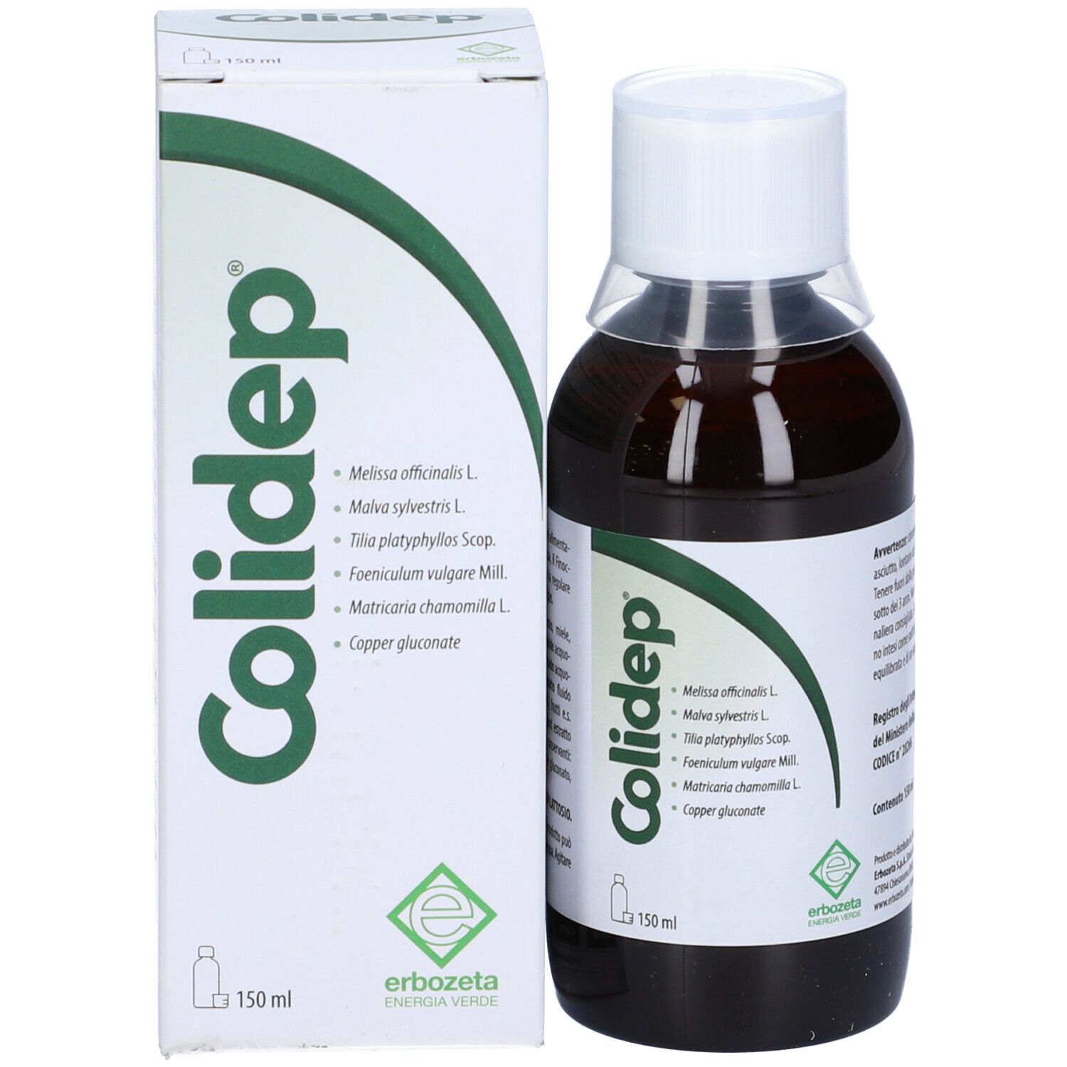 Flacone marrone con tappo bianco ed etichetta. Scritta Colidep. Con confezione.