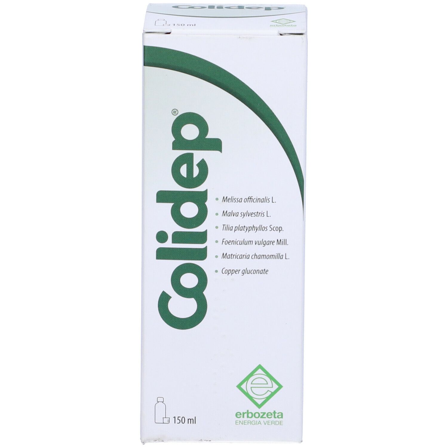 Confezione con scritta Colidep. 150 ml. Logo verde.