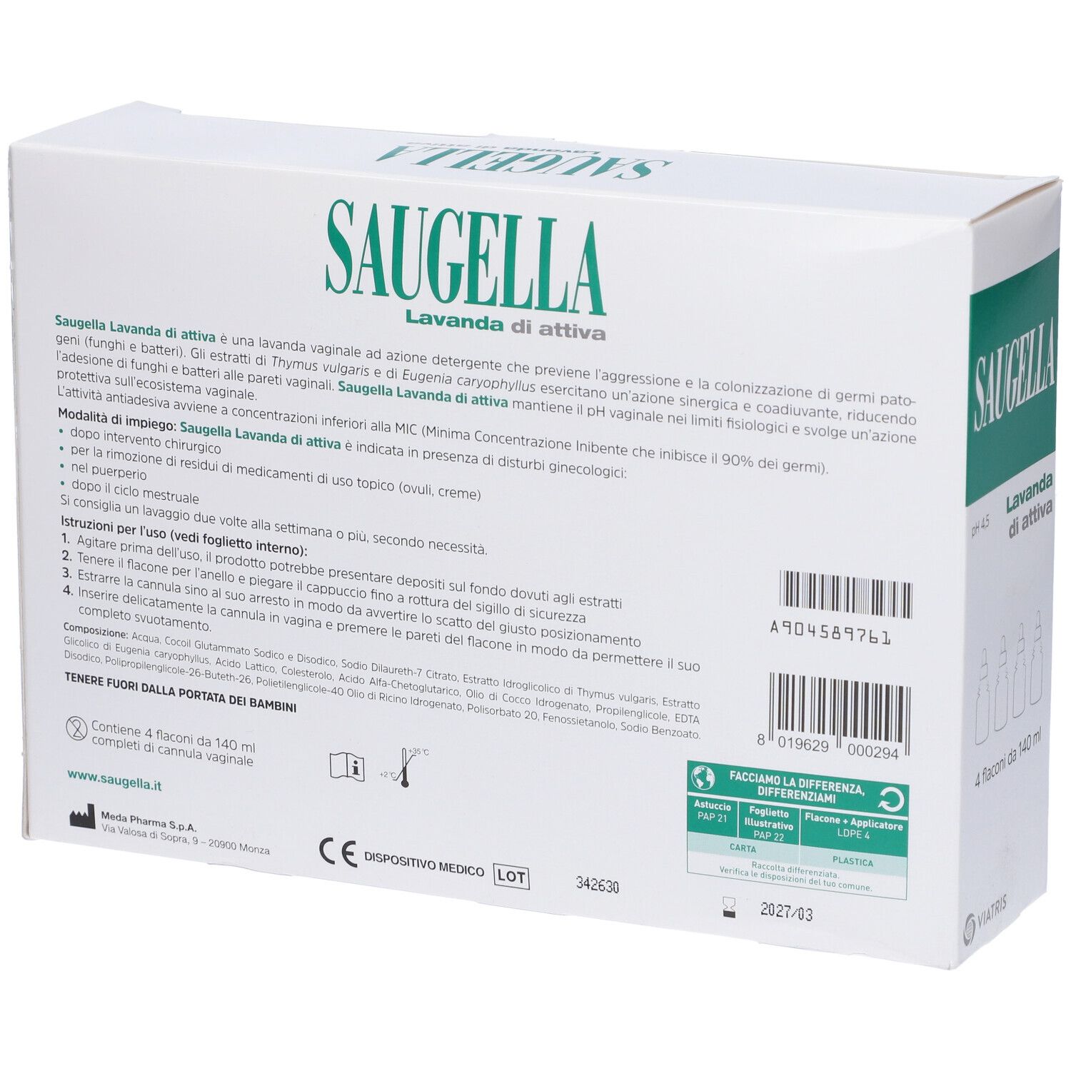 Saugella Lavanda di Attiva, pH 4.5, 4 Fläschchen zu je 140 ml.