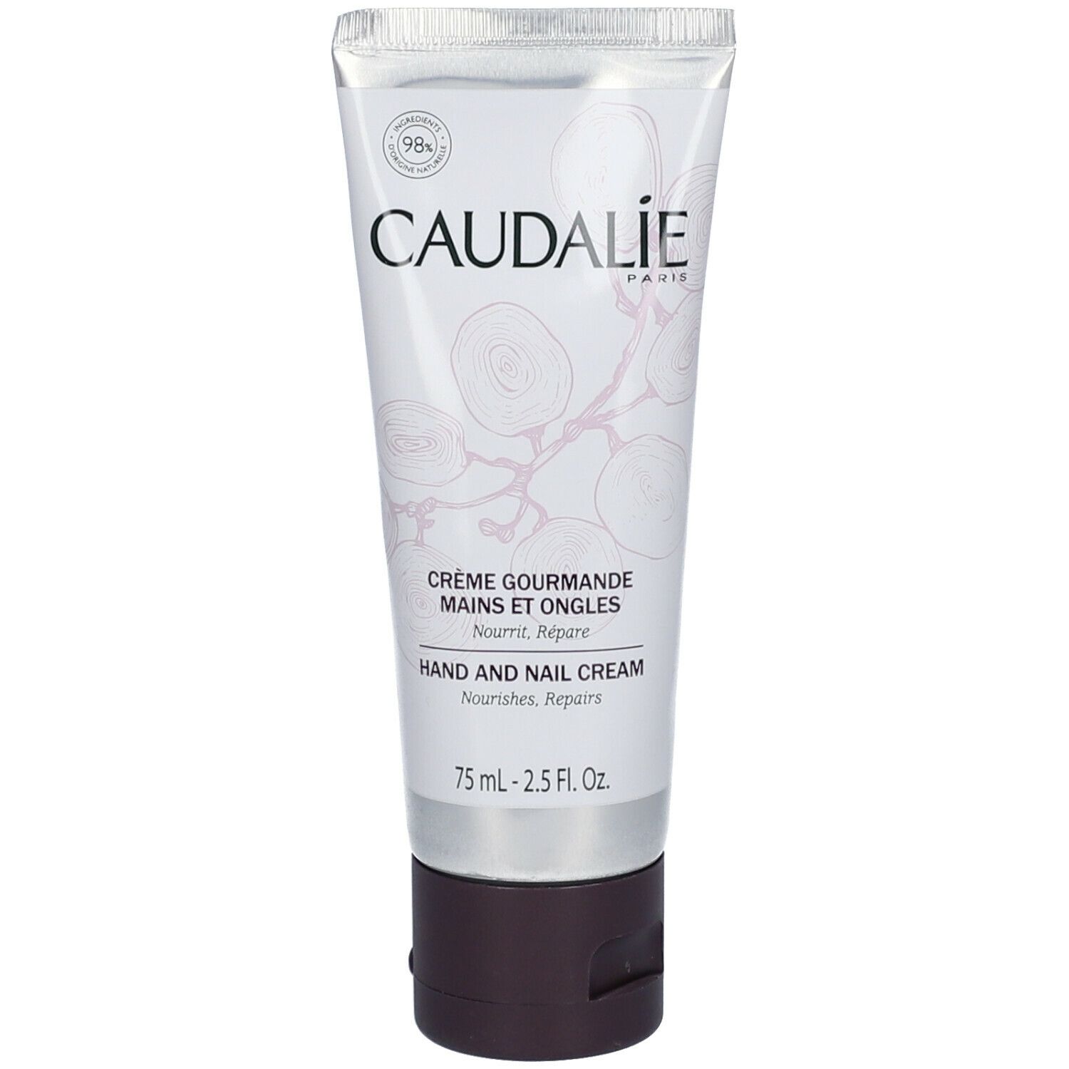 Tube de crème CAUDALÍE. Texte: Crème Gourmande Mains et Ongles, Hand and Nail Cream. 98% ingrédients d'origine naturelle. 75 ml.