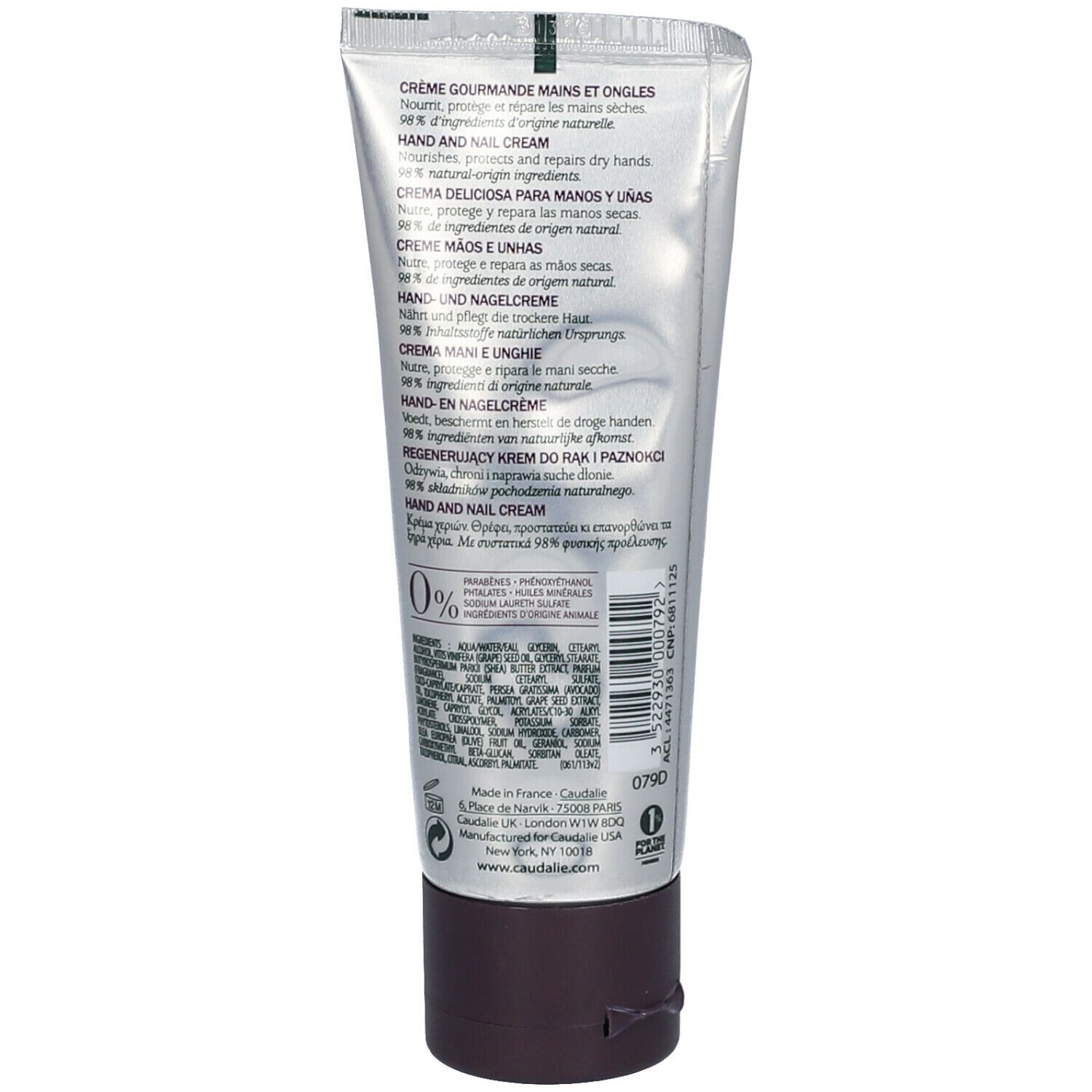 Dos du tube de crème CAUDALÍE. Texte: Crème Gourmande Mains et Ongles, Hand and Nail Cream. Ingrédients, informations fabricant.