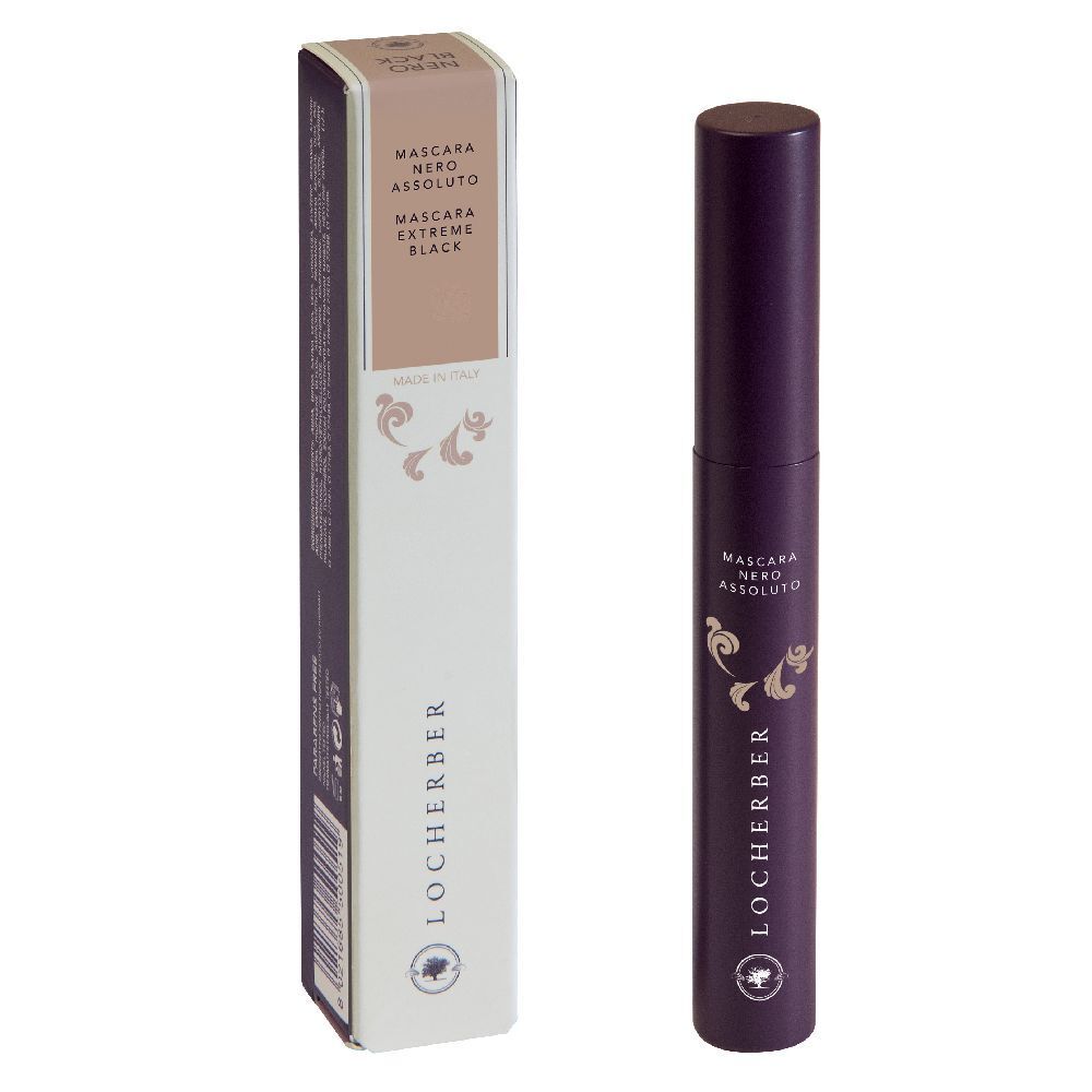 Tubo e confezione di mascara. Scritta: Mascara Nero Assoluto, Extreme Black. Marchio: Locherber.