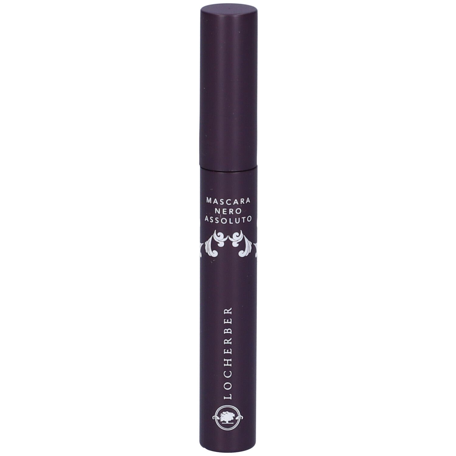 Tubo di mascara viola scuro. Scritta: Mascara Nero Assoluto. Marchio: Locherber. Decorazioni dorate.