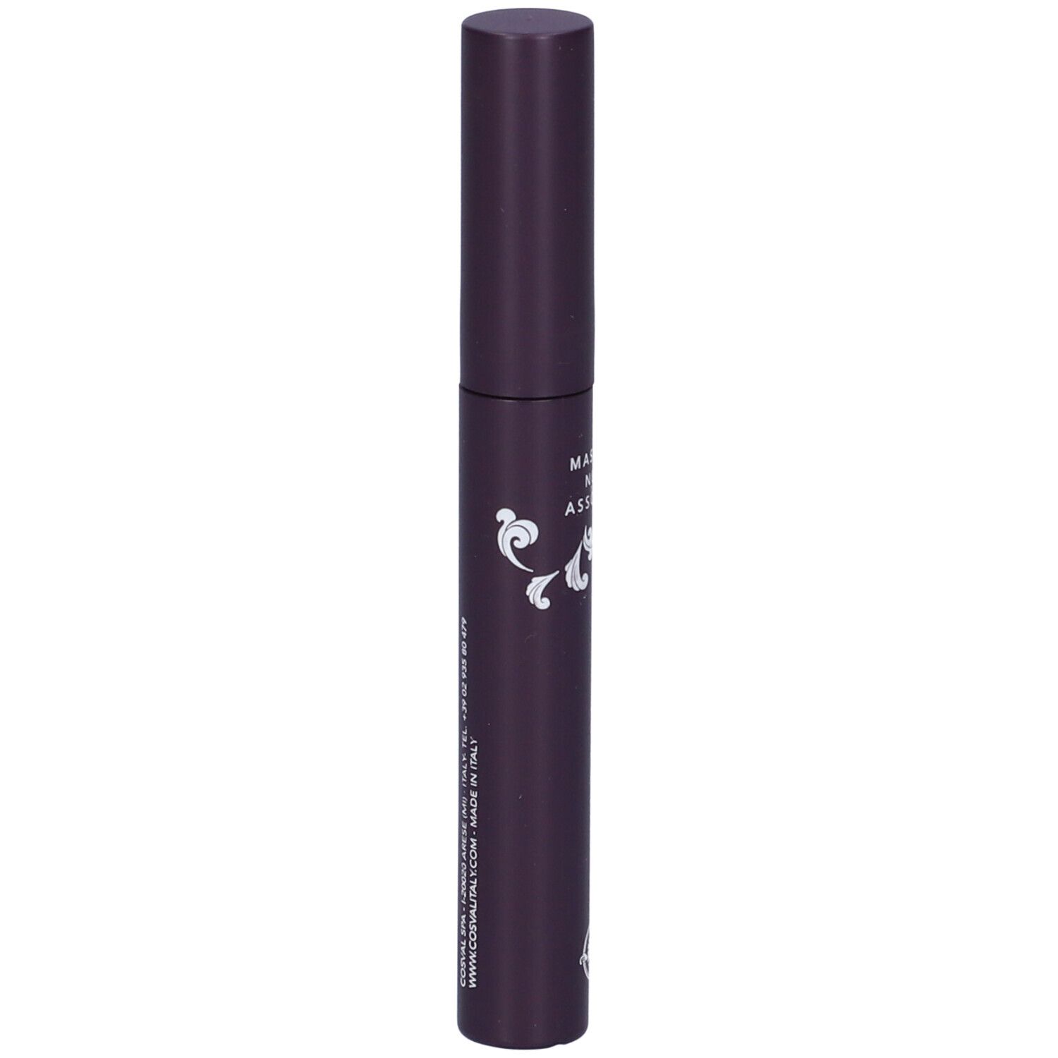 Tubo di mascara viola scuro. Scritta: Mascara Nero Assoluto. Marchio: Locherber. Decorazioni dorate.
