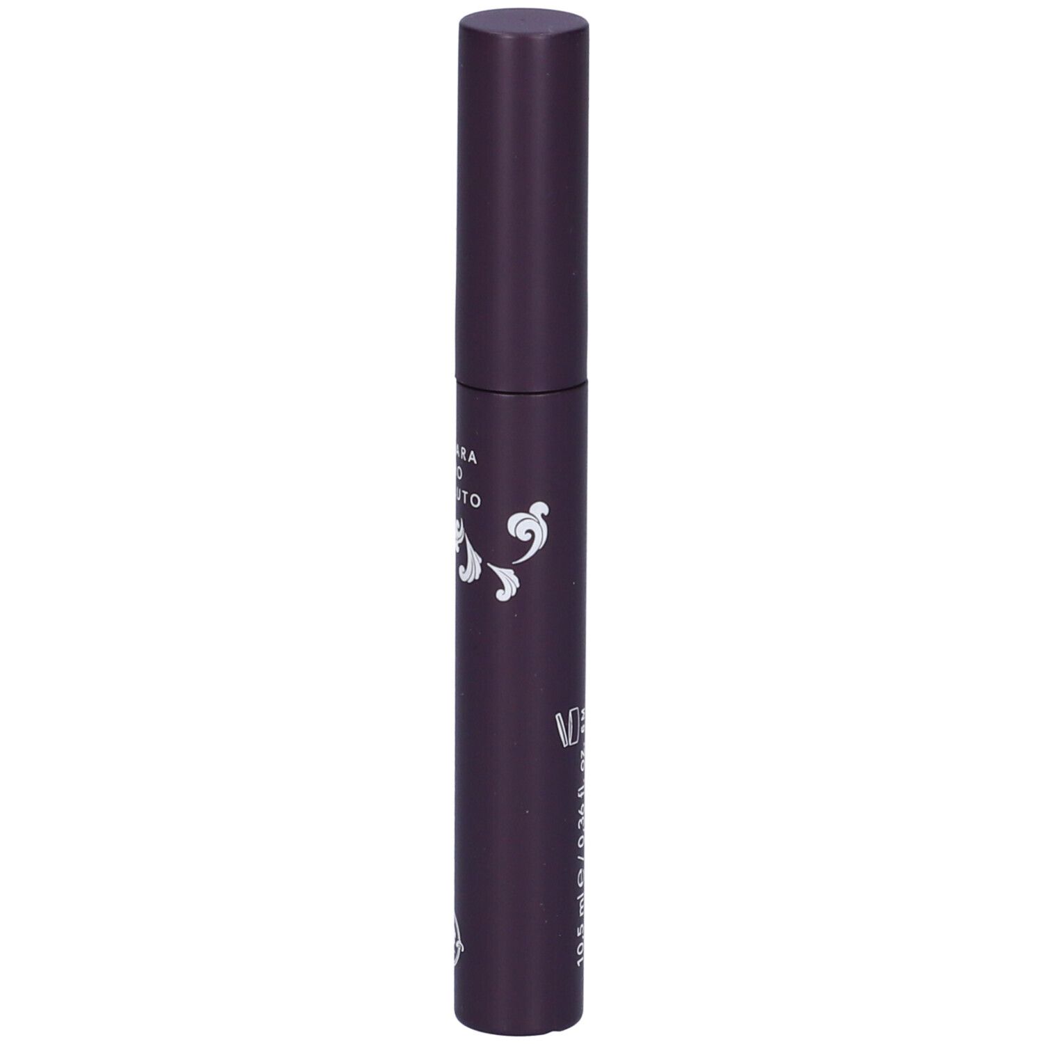 Tubo di mascara viola scuro. Scritta: Mascara Nero Assoluto. Marchio: Locherber. Decorazioni dorate.