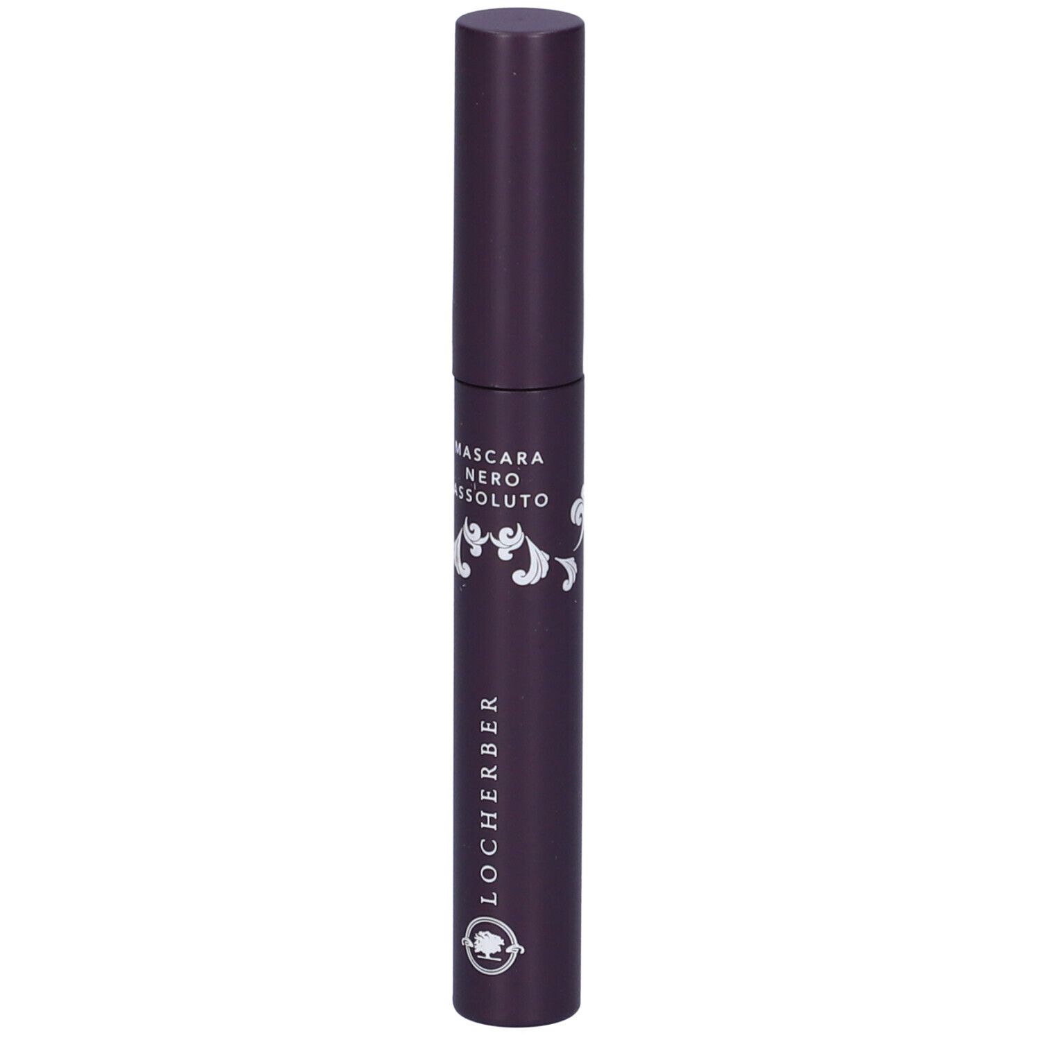Tubo di mascara viola scuro. Scritta: Mascara Nero Assoluto. Marchio: Locherber. Decorazioni dorate.