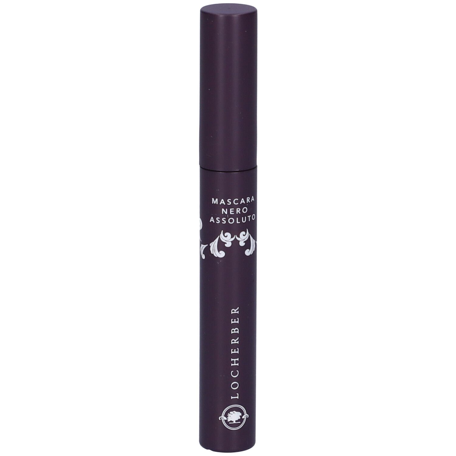 Tubo di mascara viola scuro. Scritta: Mascara Nero Assoluto. Marchio: Locherber. Decorazioni dorate.