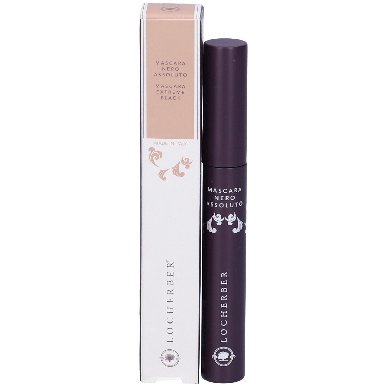 Tubo e confezione di mascara. Scritta: Mascara Nero Assoluto, Extreme Black. Marchio: Locherber.
