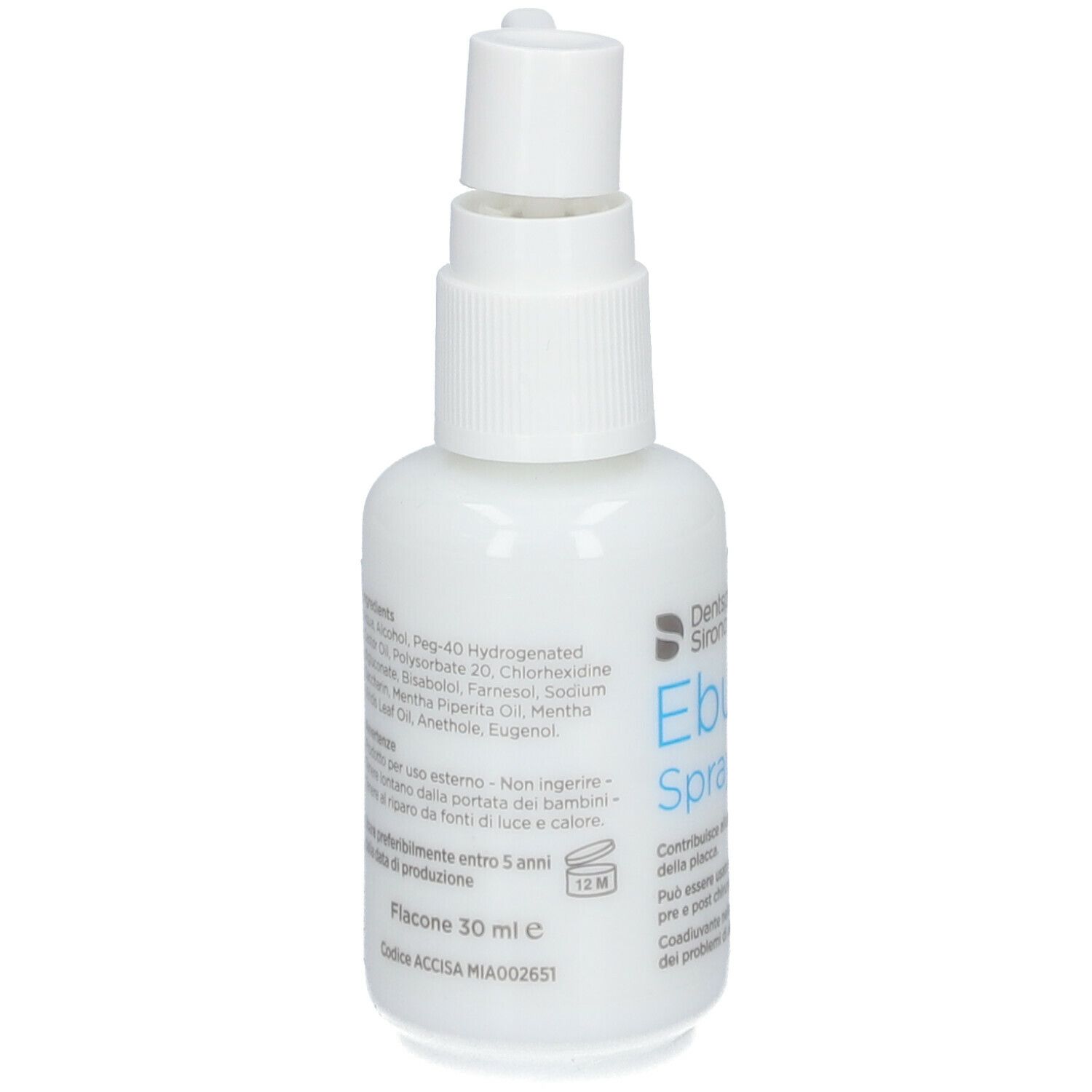 Flacone spray bianco con erogatore. Nome del prodotto e testo. Logo Dentsply Sirona.