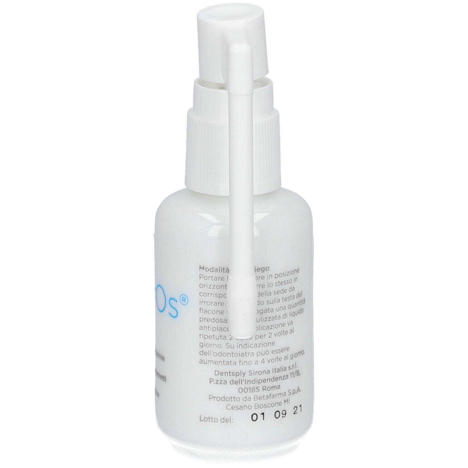 Flacone spray bianco con erogatore. Nome del prodotto e testo. Logo Dentsply Sirona.