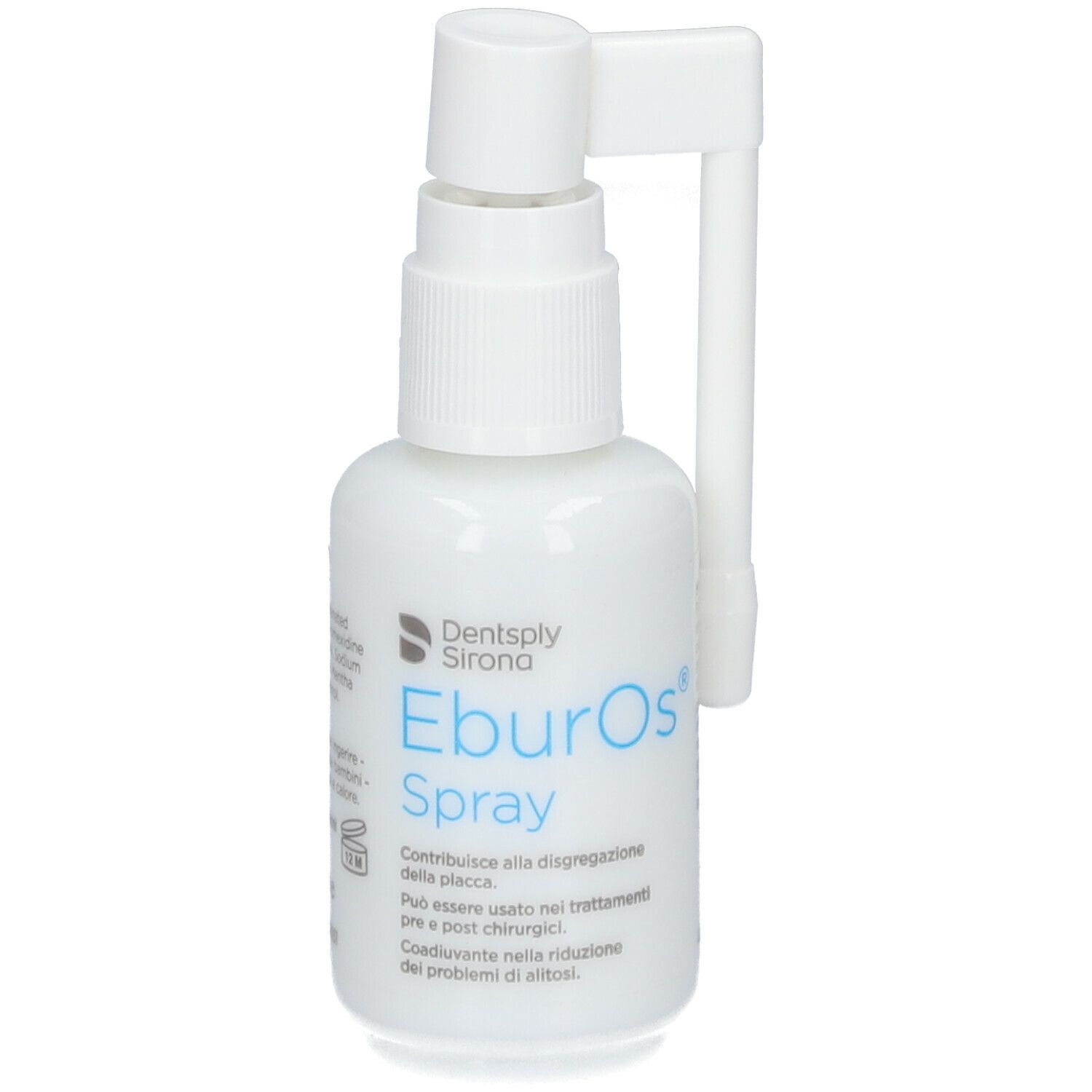 Flacone spray bianco con erogatore. Nome del prodotto e testo. Logo Dentsply Sirona.