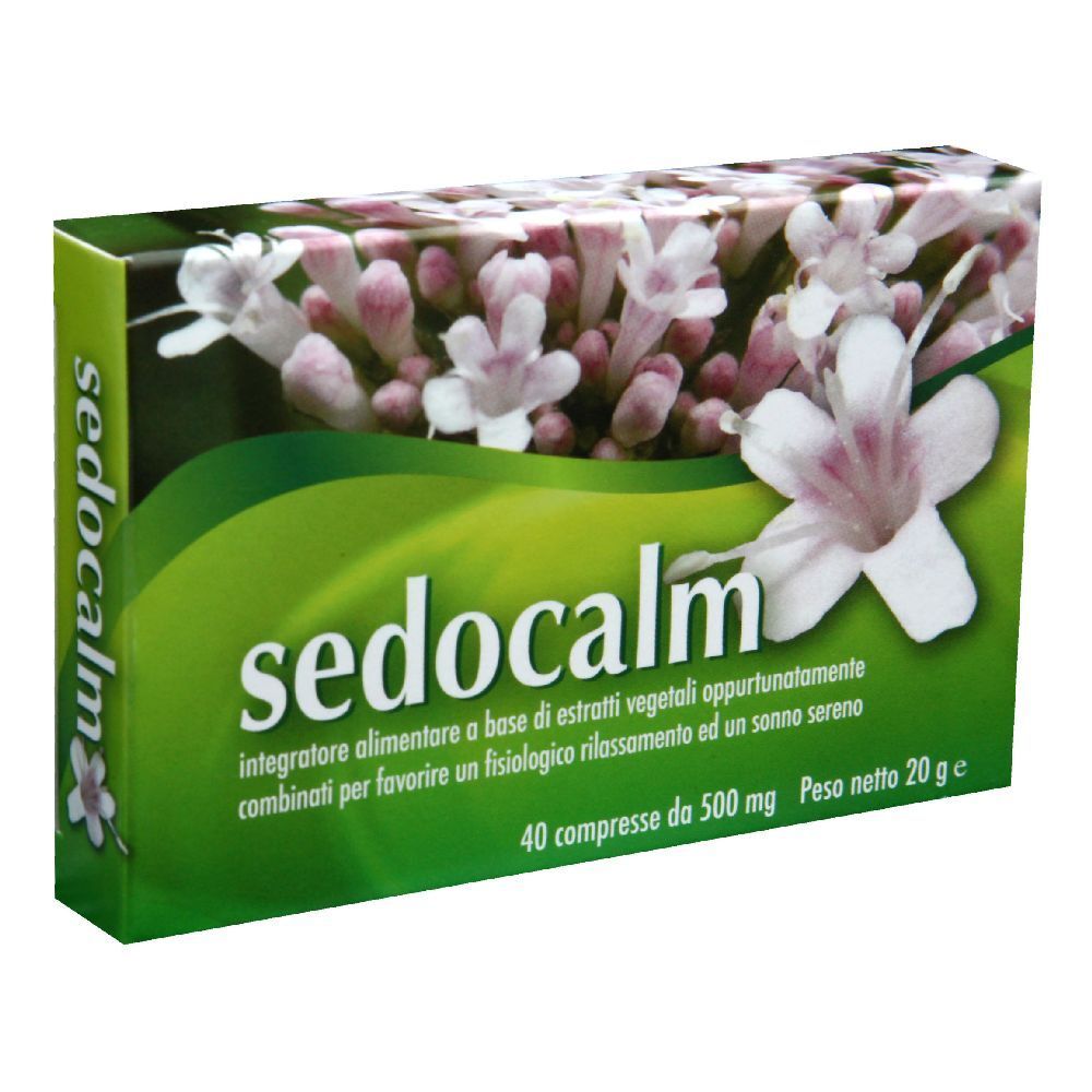 Scatola di compresse Sedocalm. Verde, con design floreale e nome del prodotto. Contiene 40 compresse.